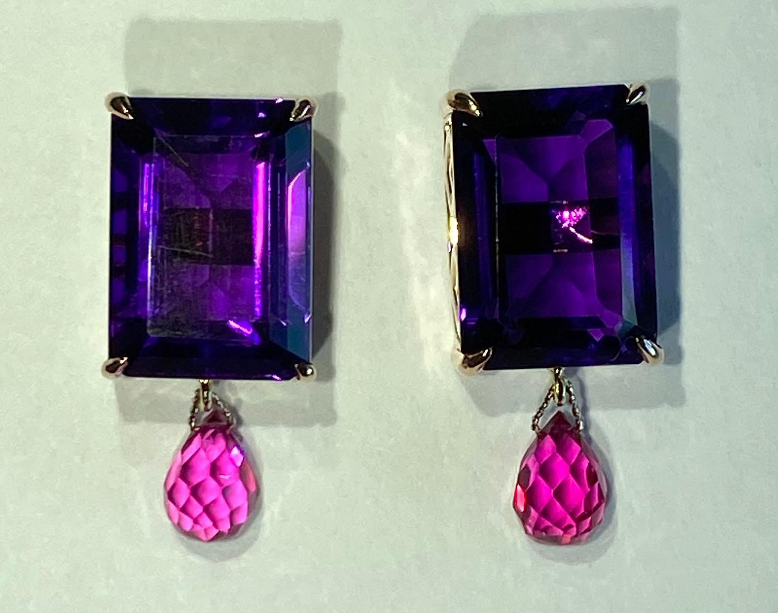 Contemporary Rose Gold plated Silver Earrings with Amethyst & Sapphires For Sale