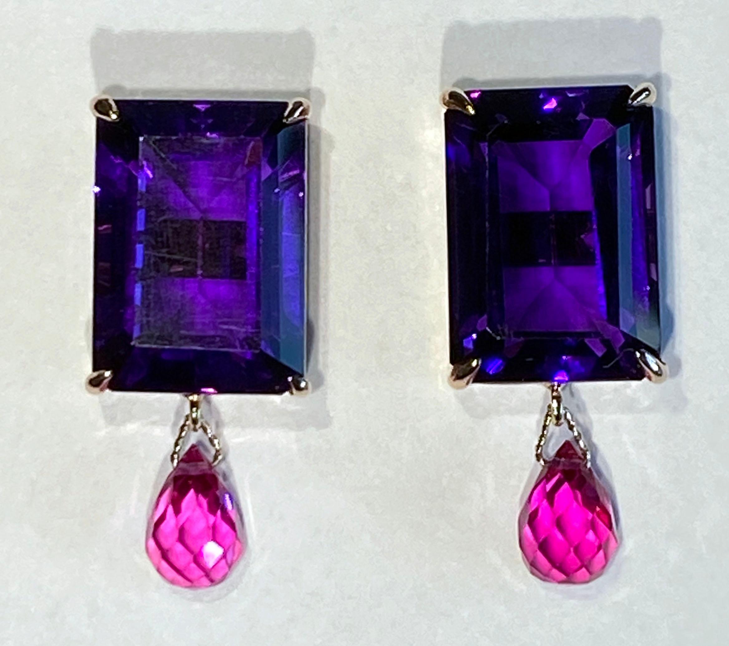 Octagon Cut Rose Gold plated Silver Earrings with Amethyst & Sapphires For Sale