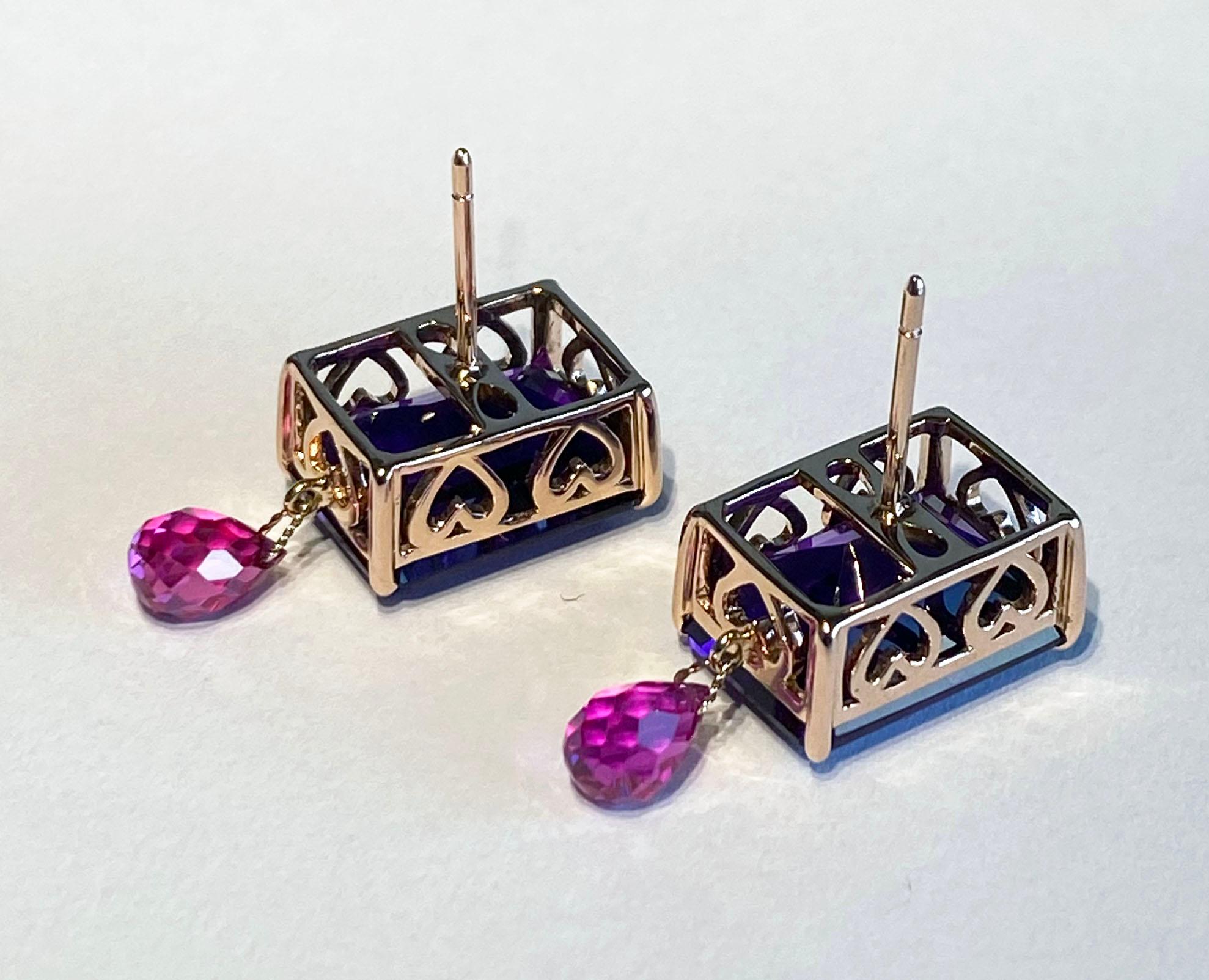Women's Rose Gold plated Silver Earrings with Amethyst & Sapphires For Sale