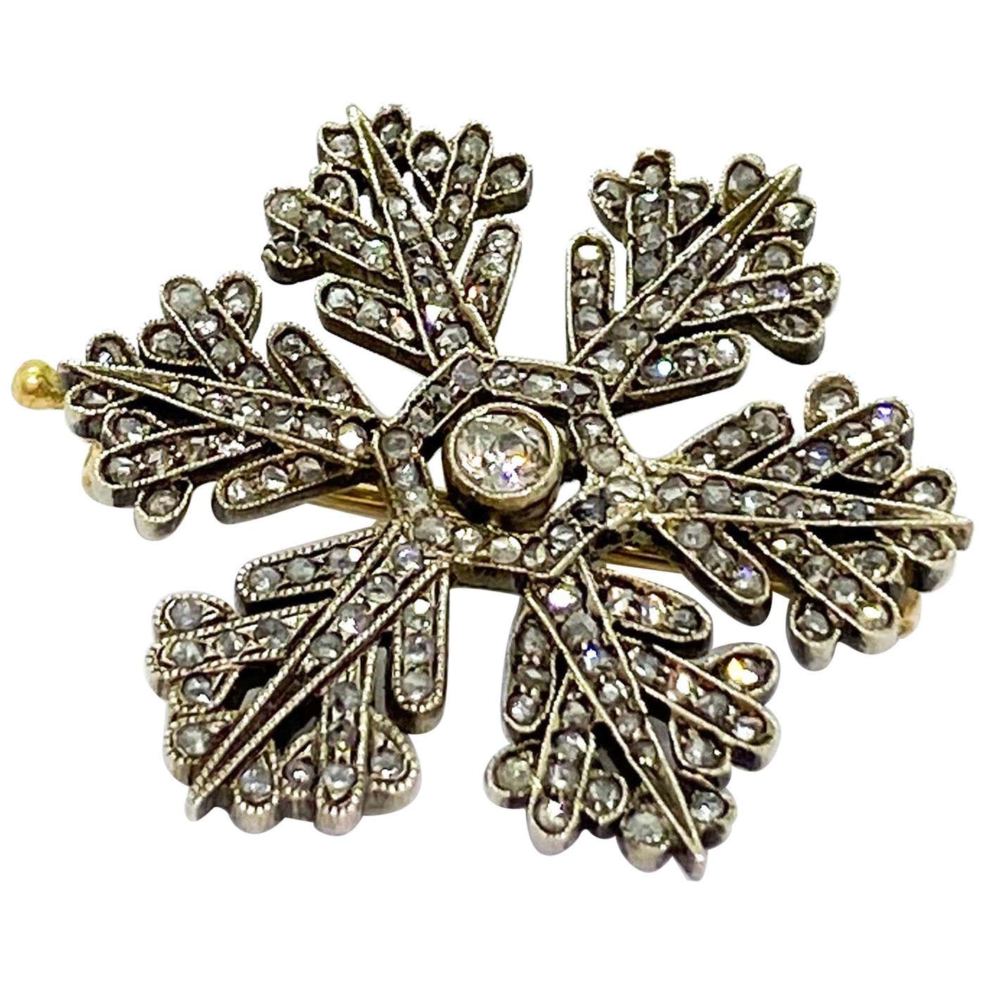 Silver and 14 Karat Yellow Gold Fabergé Diamond Snowflake Brooch at ...