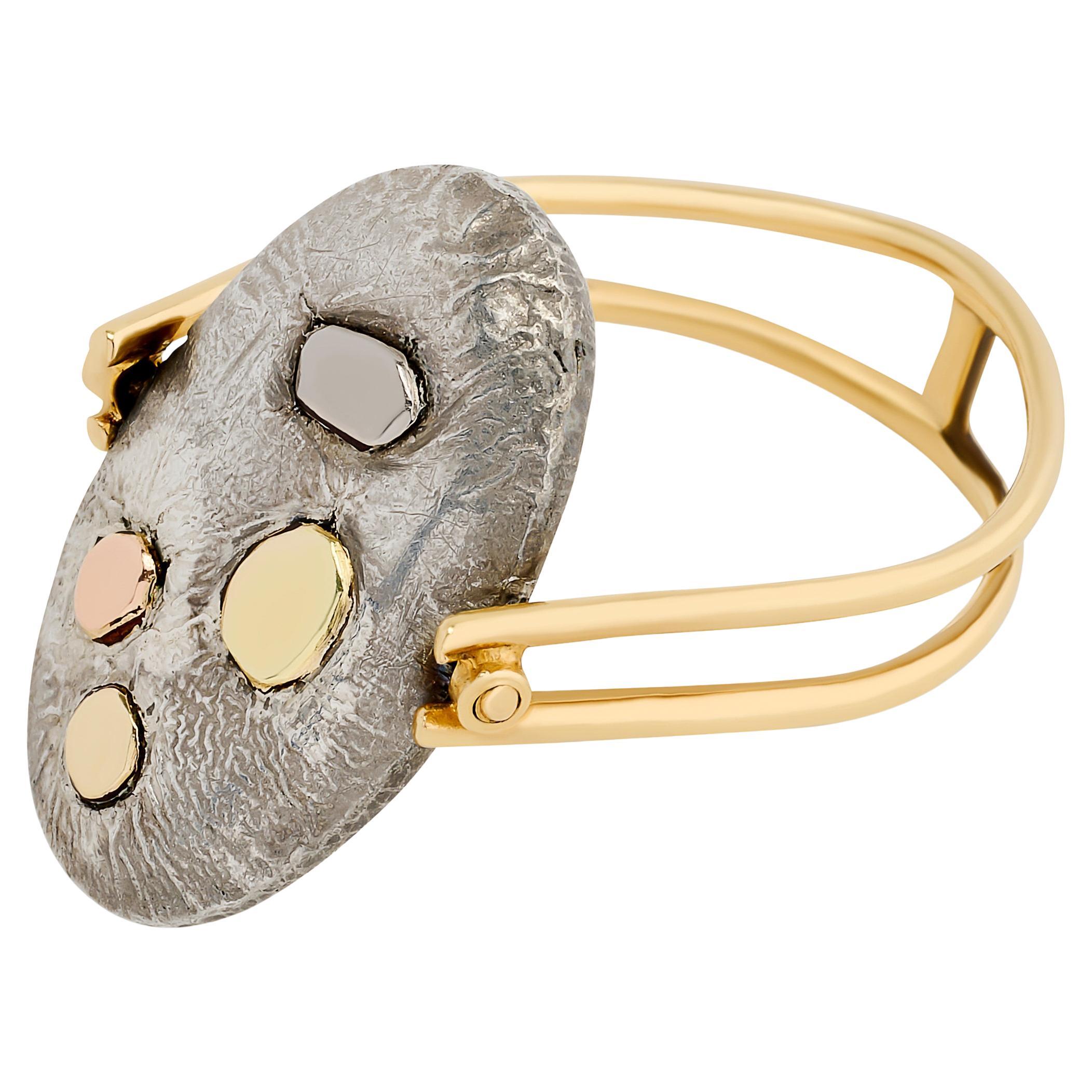 Silver and 14 Karat Yellow Textured Moon Flip Ring