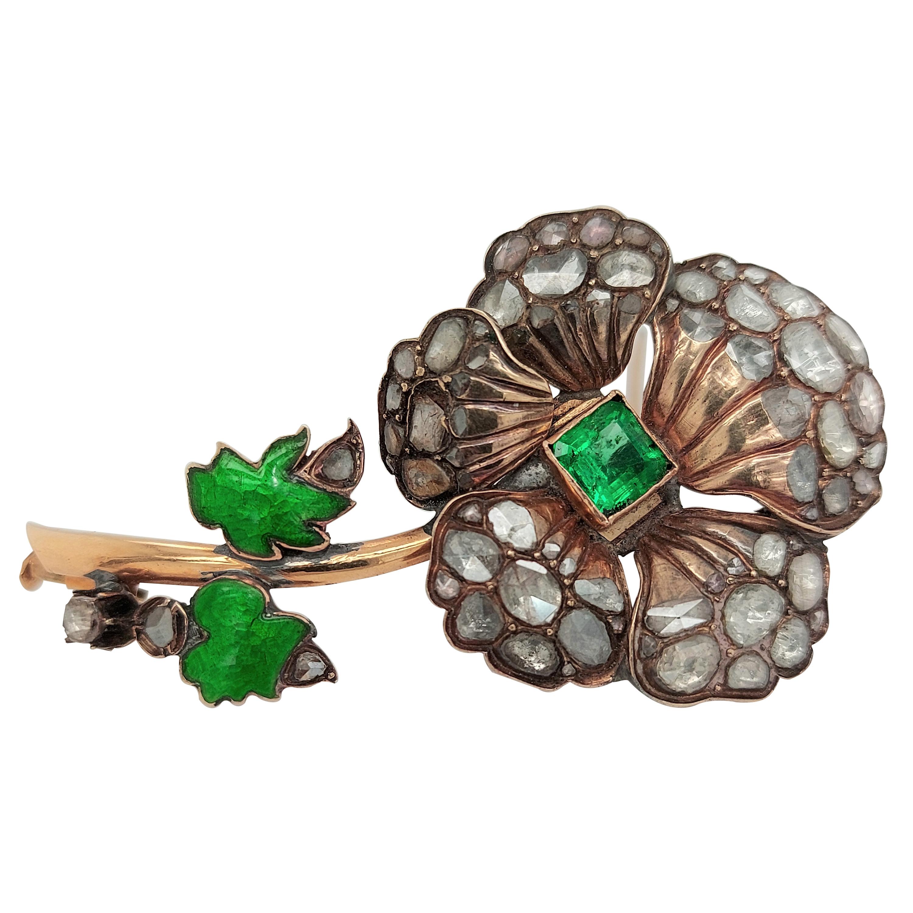 Silver and 14kt Gold Flower Brooch, Rose Cut Diamonds, Colombia Emerald, Enamel For Sale
