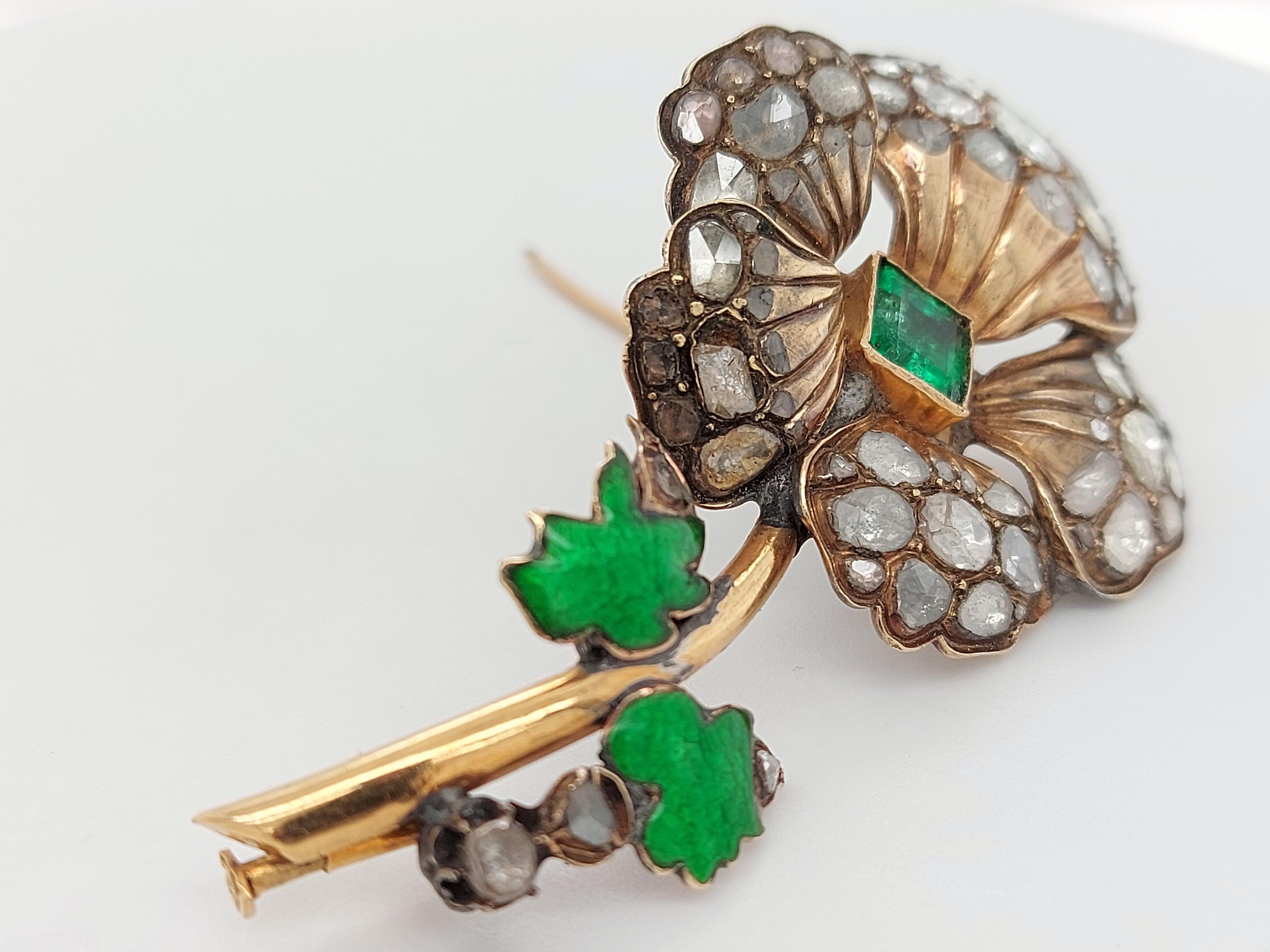 Silver and 14kt Gold Flower Brooch, Rose Cut Diamonds, Colombia Emerald, Enamel For Sale 6