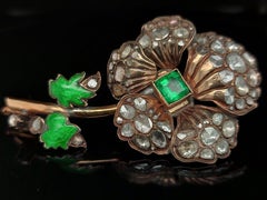 Silver and 14kt Gold Flower Brooch, Rose Cut Diamonds, Colombia Emerald, Enamel
