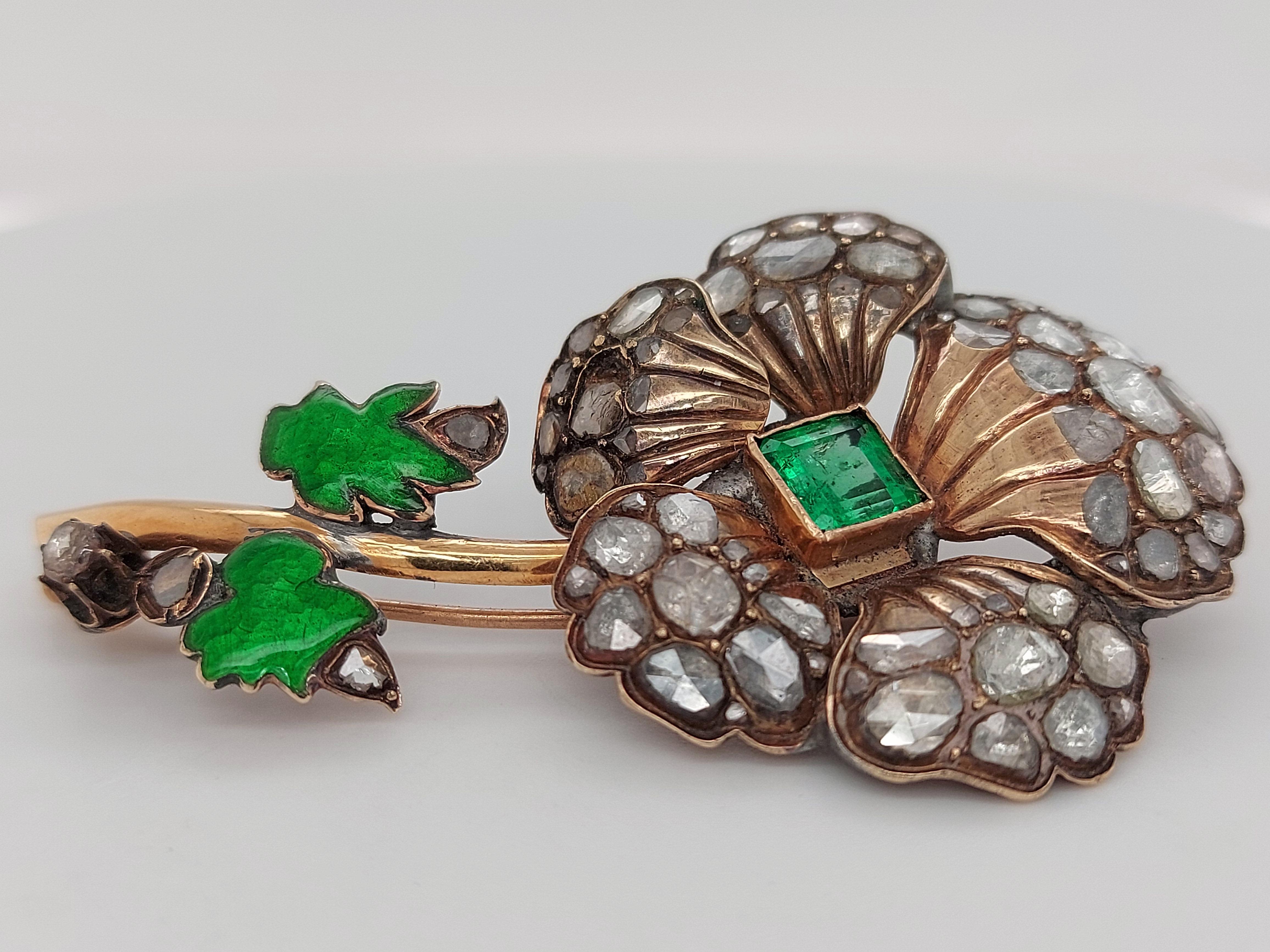Women's or Men's Silver and 14kt Gold Flower Brooch, Rose Cut Diamonds, Colombia Emerald, Enamel For Sale