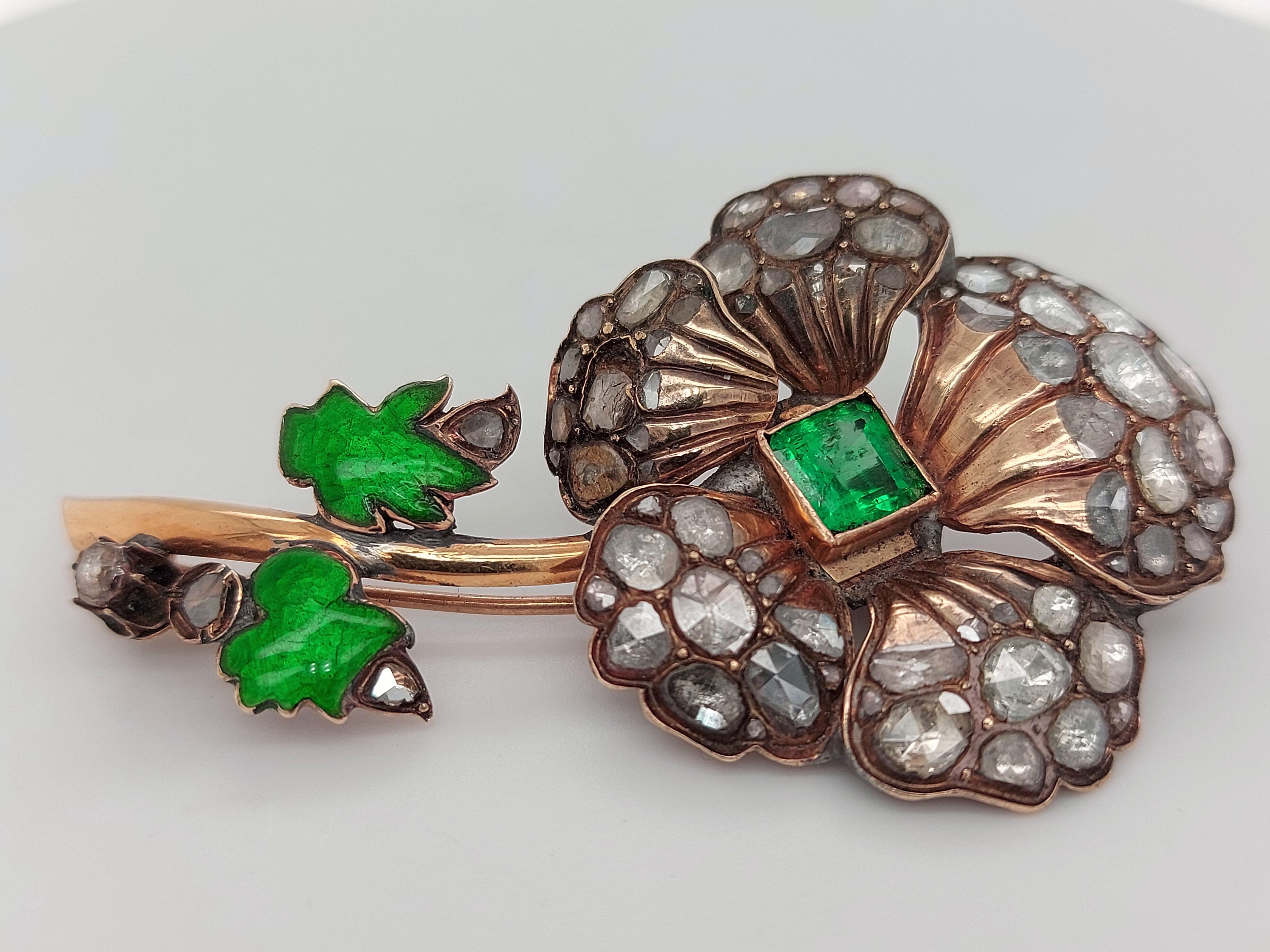 Silver and 14kt Gold Flower Brooch, Rose Cut Diamonds, Colombia Emerald, Enamel For Sale 1