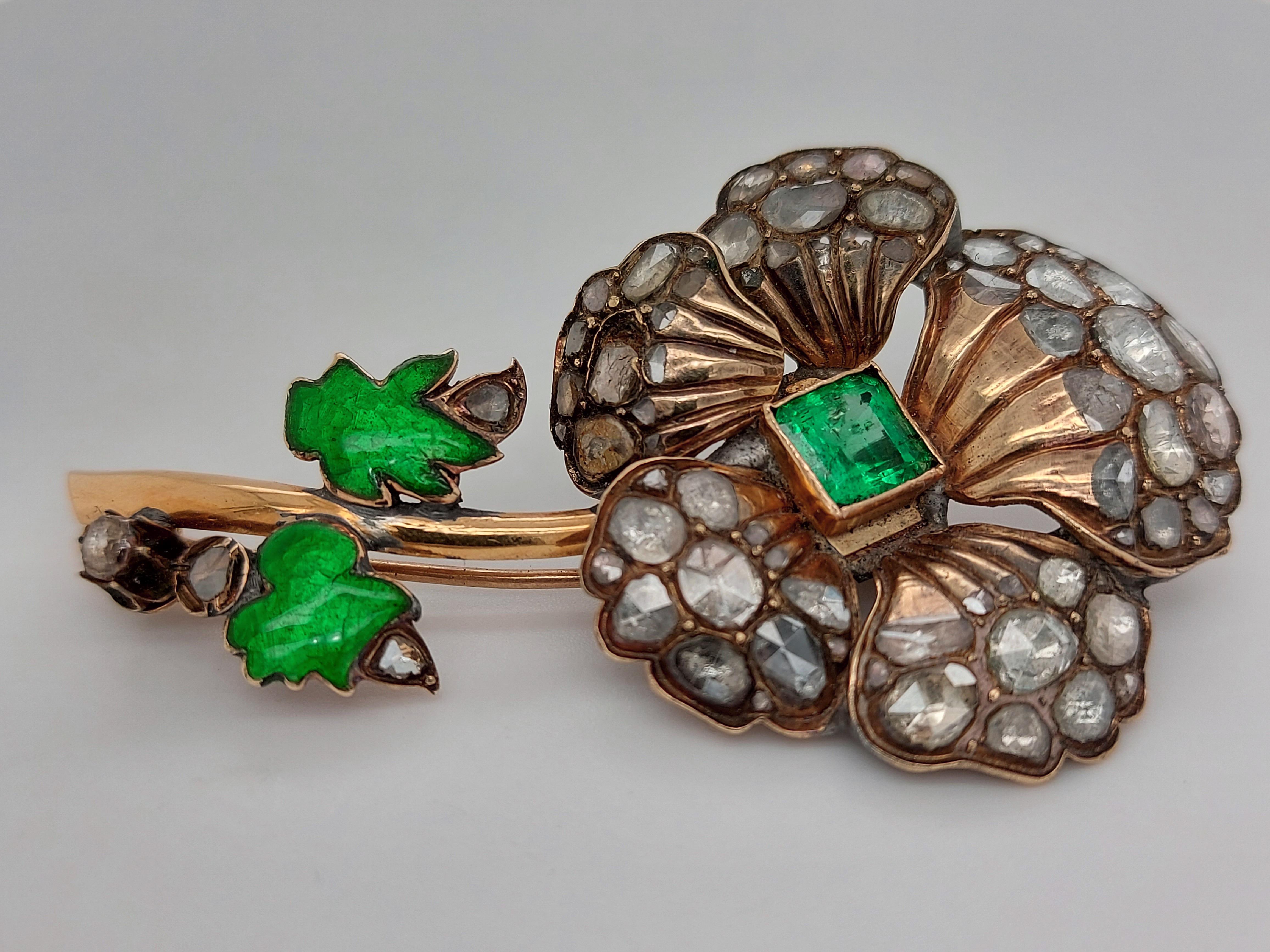 Silver and 14kt Gold Flower Brooch, Rose Cut Diamonds, Colombia Emerald, Enamel For Sale 2