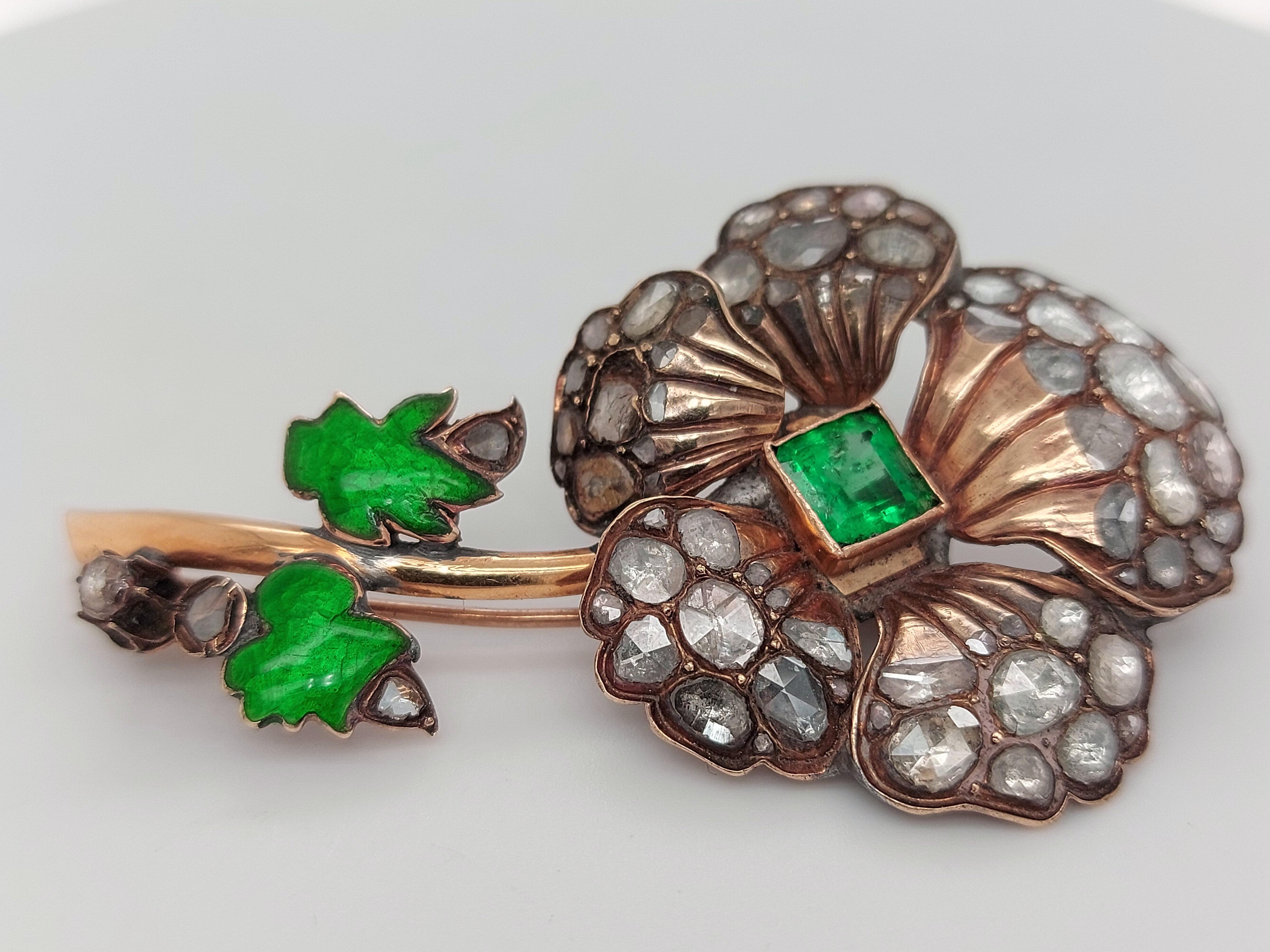 Silver and 14kt Gold Flower Brooch, Rose Cut Diamonds, Colombia Emerald, Enamel For Sale 3