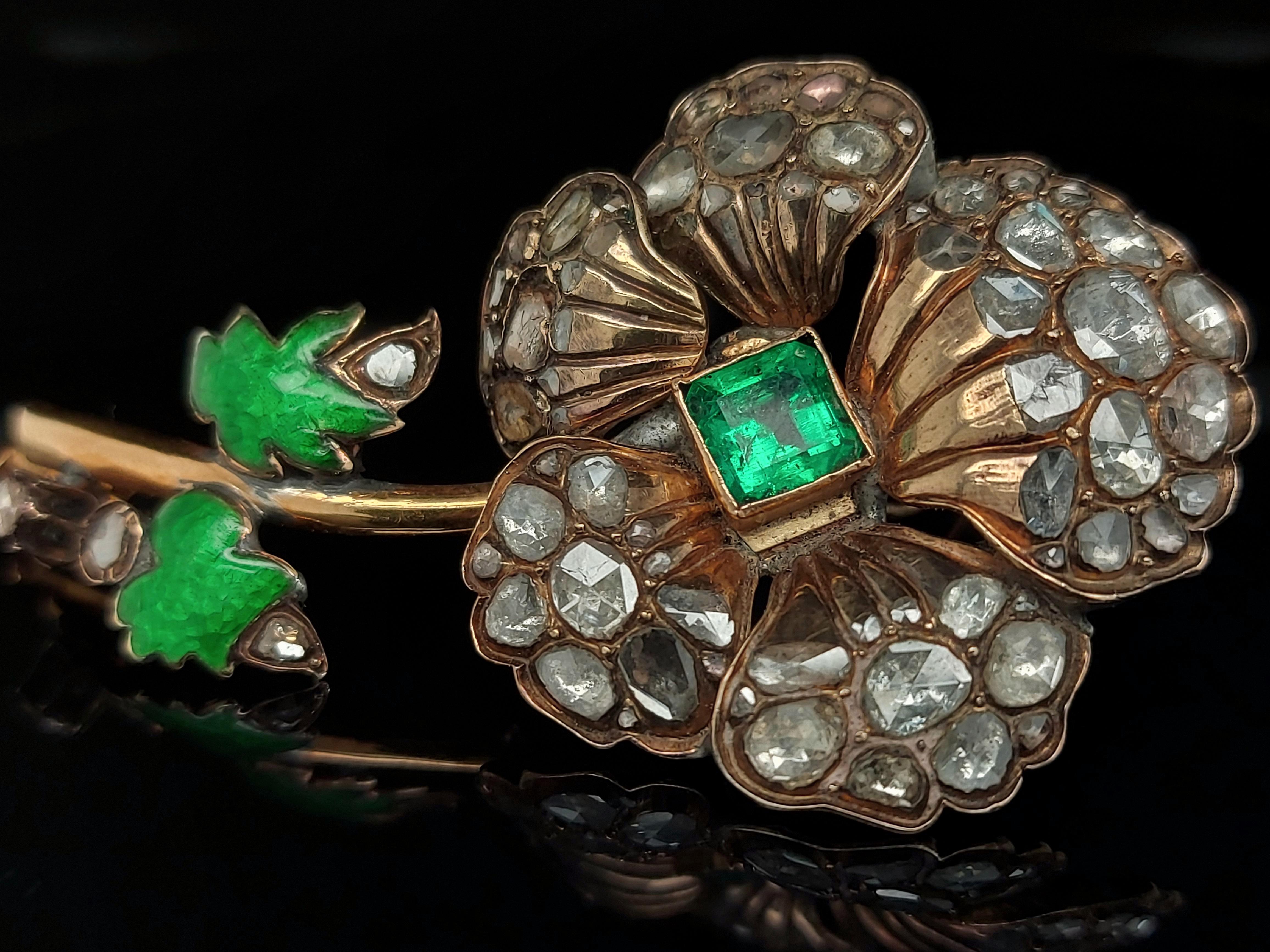 Silver and 14kt Gold Flower Brooch, Rose Cut Diamonds, Colombia Emerald, Enamel For Sale 4