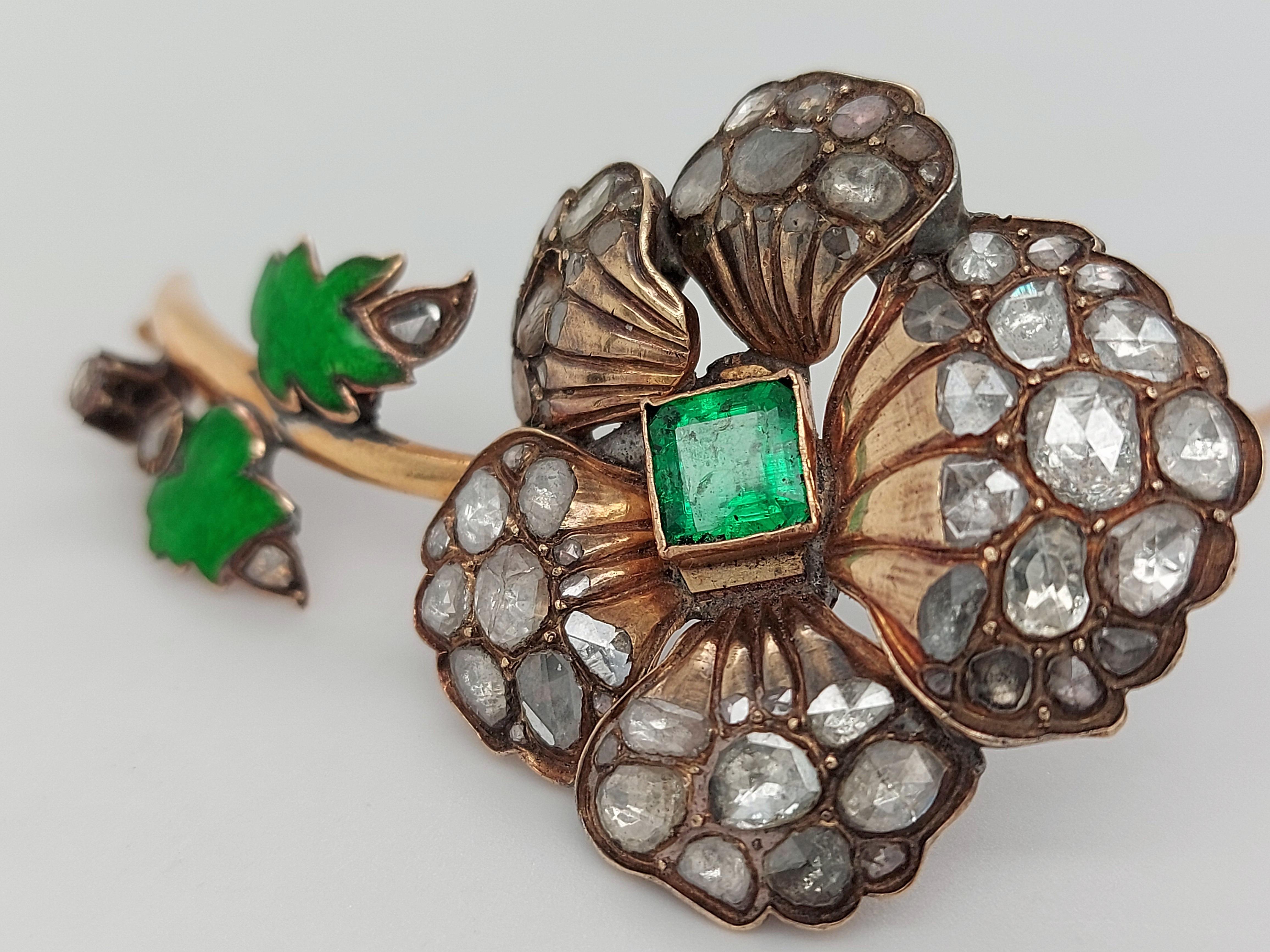 Silver and 14kt Gold Flower Brooch, Rose Cut Diamonds, Colombia Emerald, Enamel For Sale 5