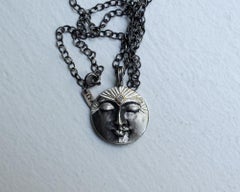 Silver and 14k Gold Diamond Moon Face Necklace by Franny E