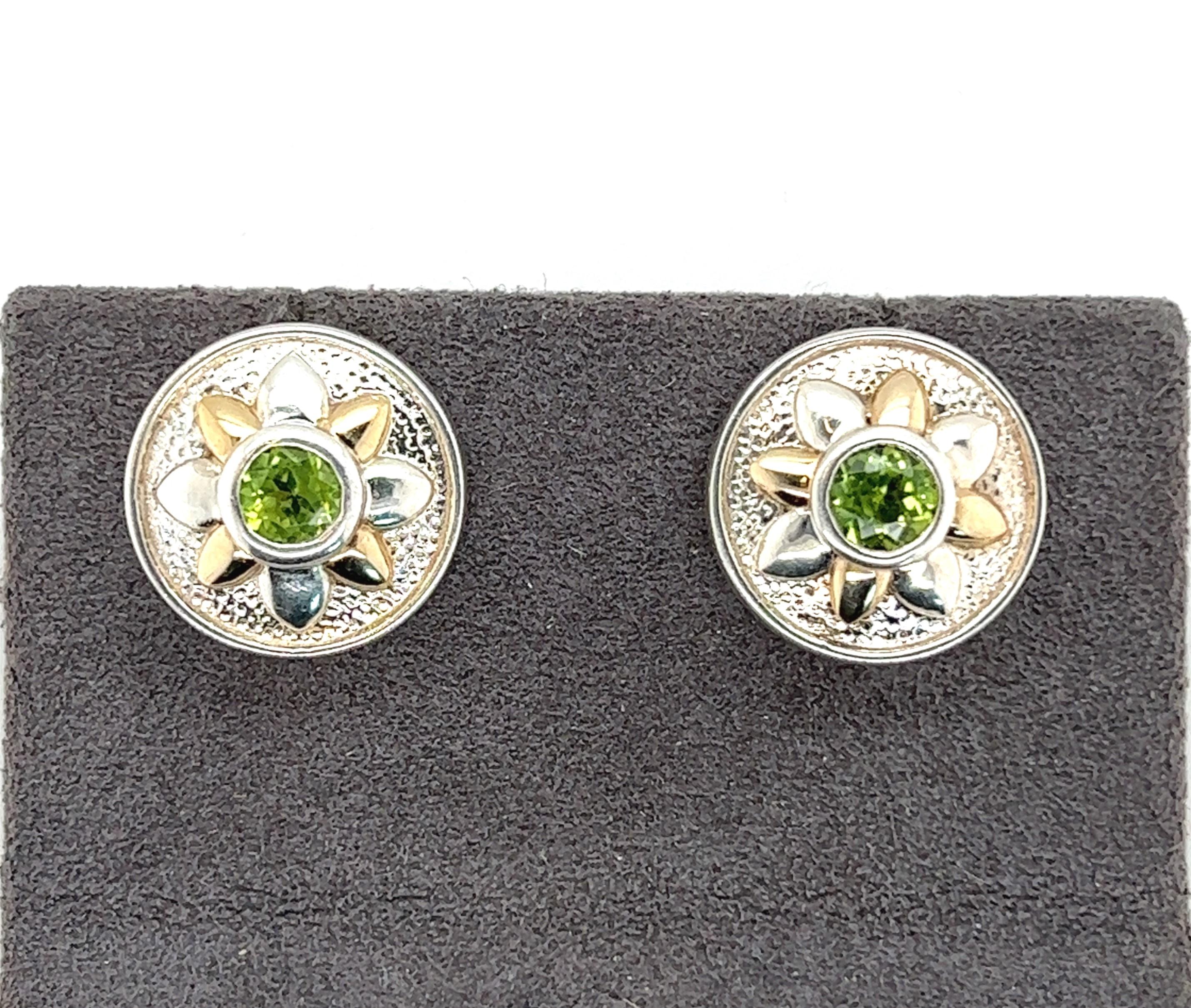 Round Cut Silver and 14kt Gold Balak Peridot Earrings  For Sale