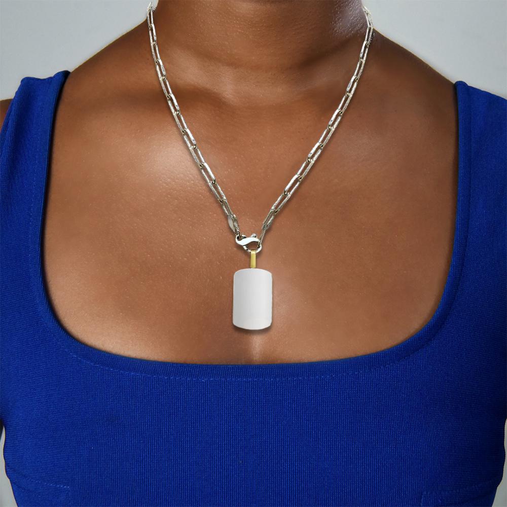 Elevate your style with the 925 Sterling Silver Tag Necklace from Michael Bondanza Jewelry. This pendant necklace features a Chubby Rectangular ID Dog Tag crafted from high-quality 925 sterling silver, accented with an 18KY loop, all suspended