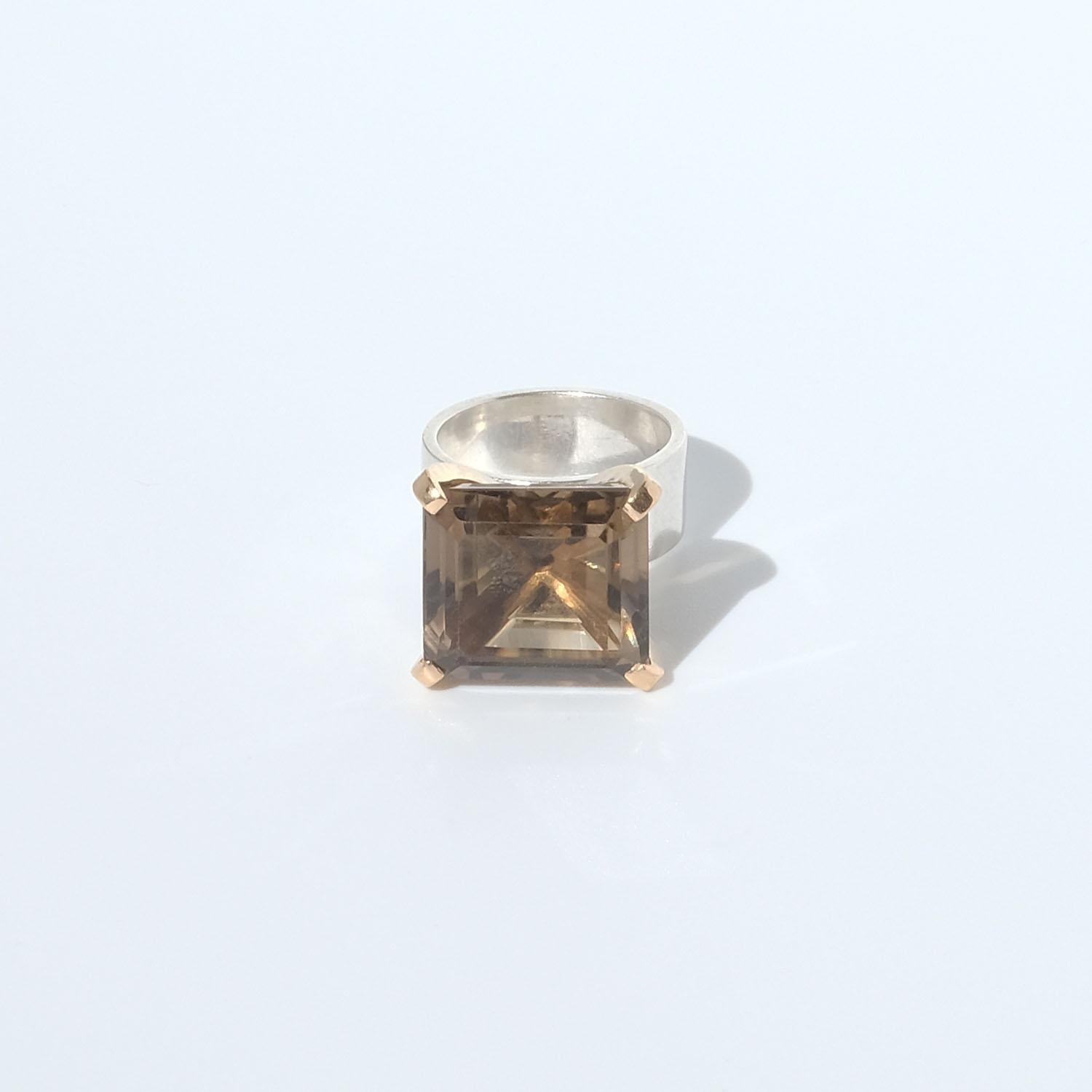 Silver and 18k Gold Smoky Quartz Ring Made Year 2000 For Sale 5