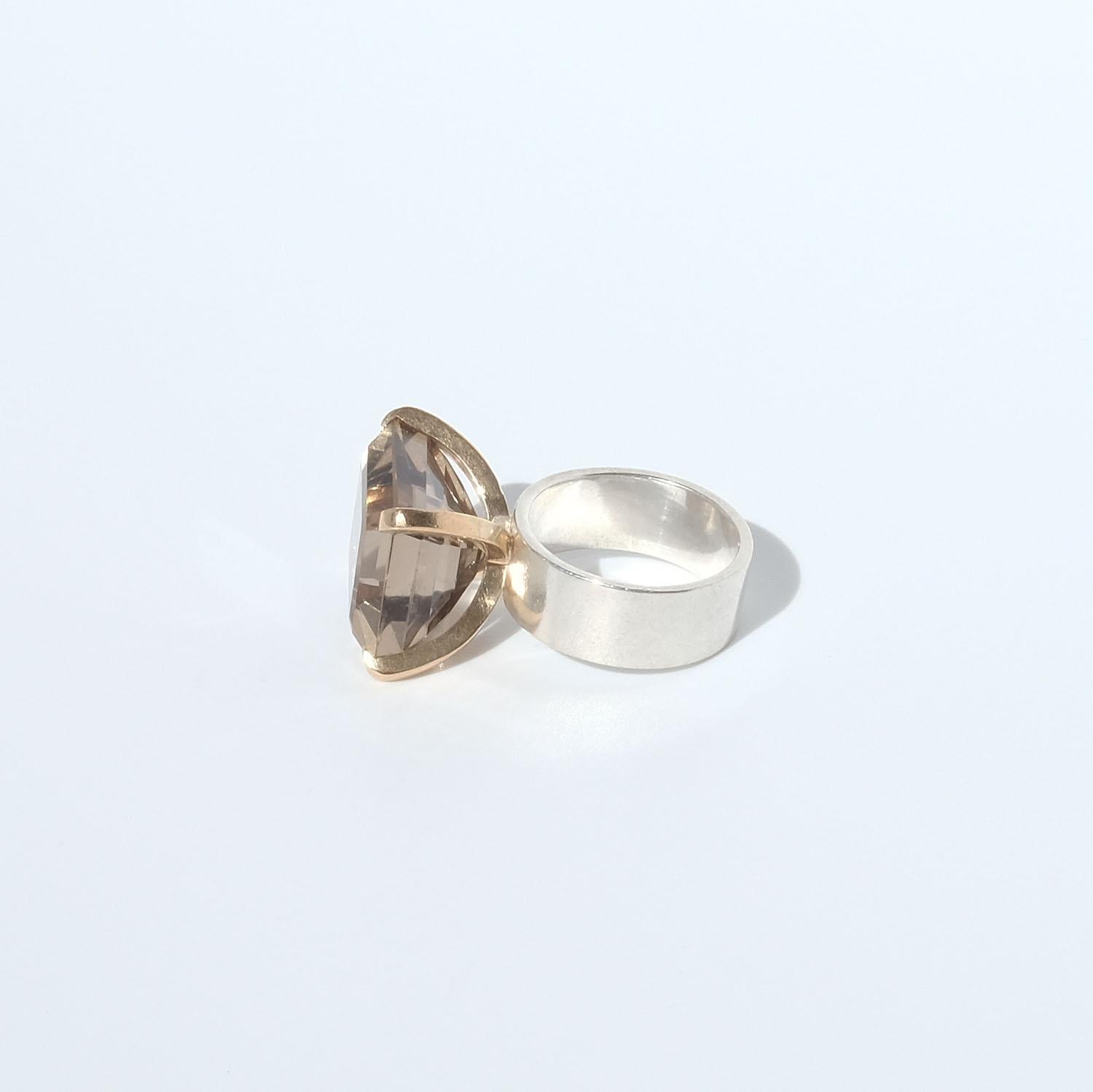 Silver and 18k Gold Smoky Quartz Ring Made Year 2000 For Sale 6