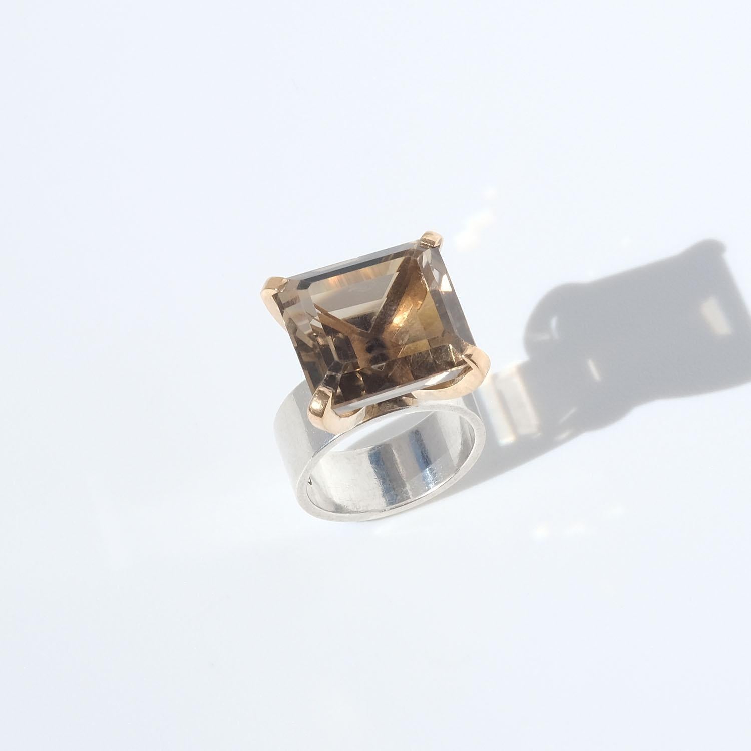 Square Cut Silver and 18k Gold Smoky Quartz Ring Made Year 2000 For Sale