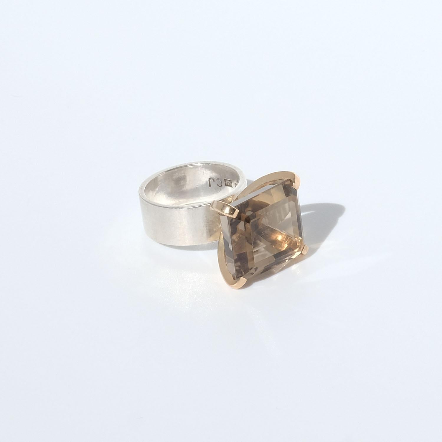 Women's or Men's Silver and 18k Gold Smoky Quartz Ring Made Year 2000 For Sale