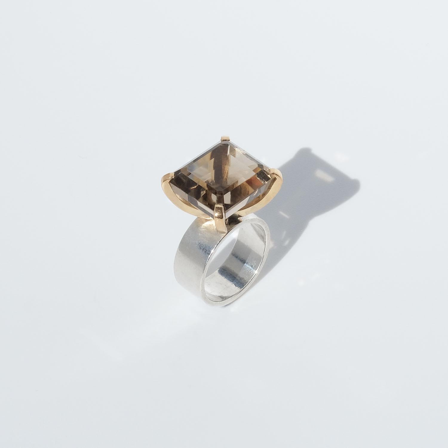Silver and 18k Gold Smoky Quartz Ring Made Year 2000 For Sale 3