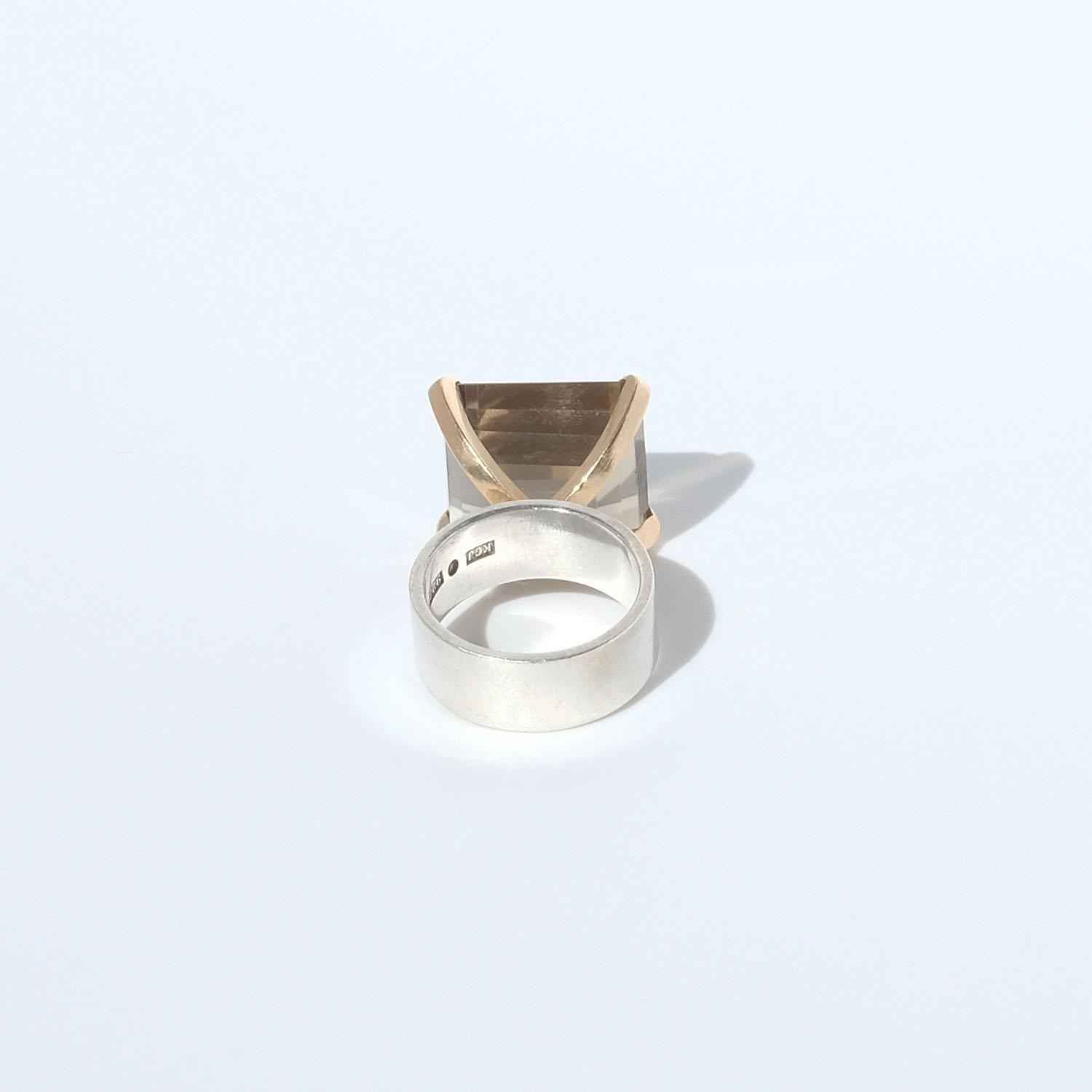Silver and 18k Gold Smoky Quartz Ring Made Year 2000 For Sale 4