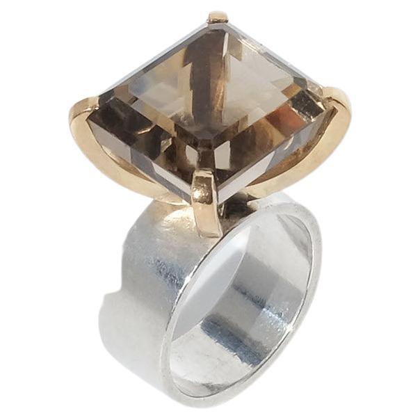 Silver and 18k Gold Smoky Quartz Ring Made Year 2000