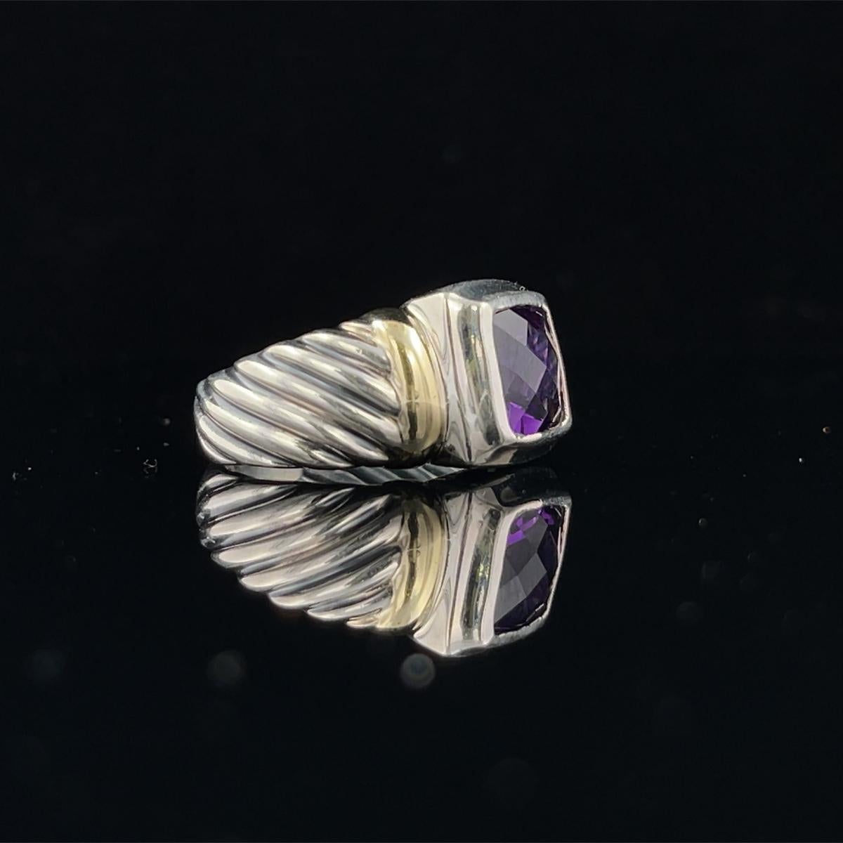Silver and 18K Yellow Gold Ring with a Cushion Amethyst Center (Size 5.25) 
