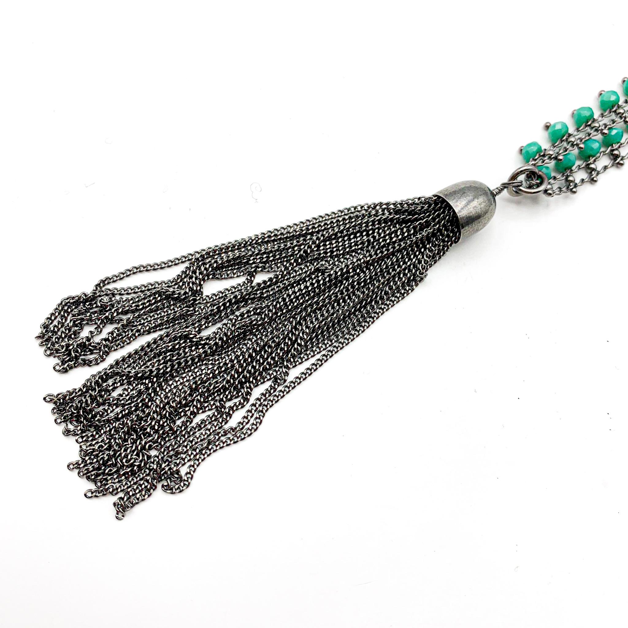 Women's or Men's Silver and agate chain link tassel pendant necklace 