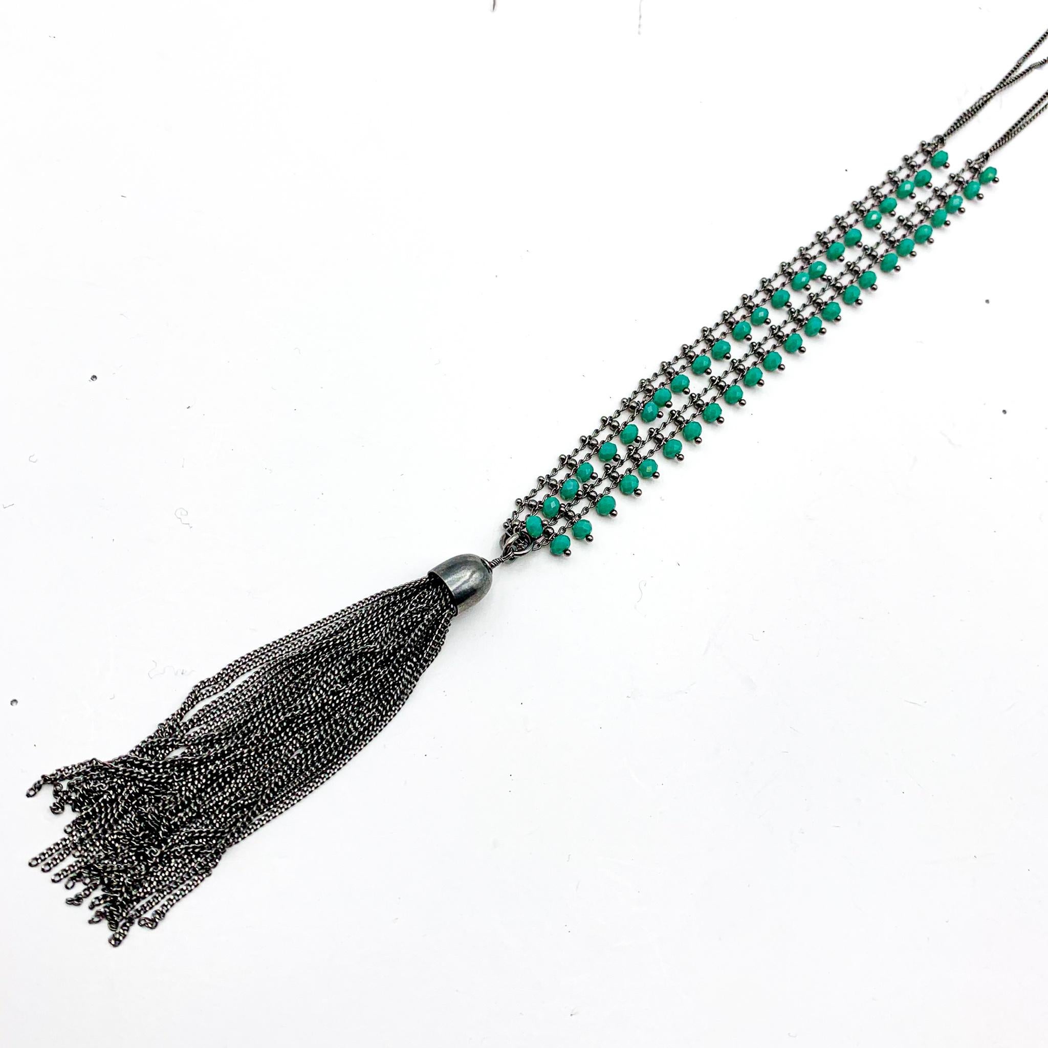 Bead Silver and agate chain link tassel pendant necklace 