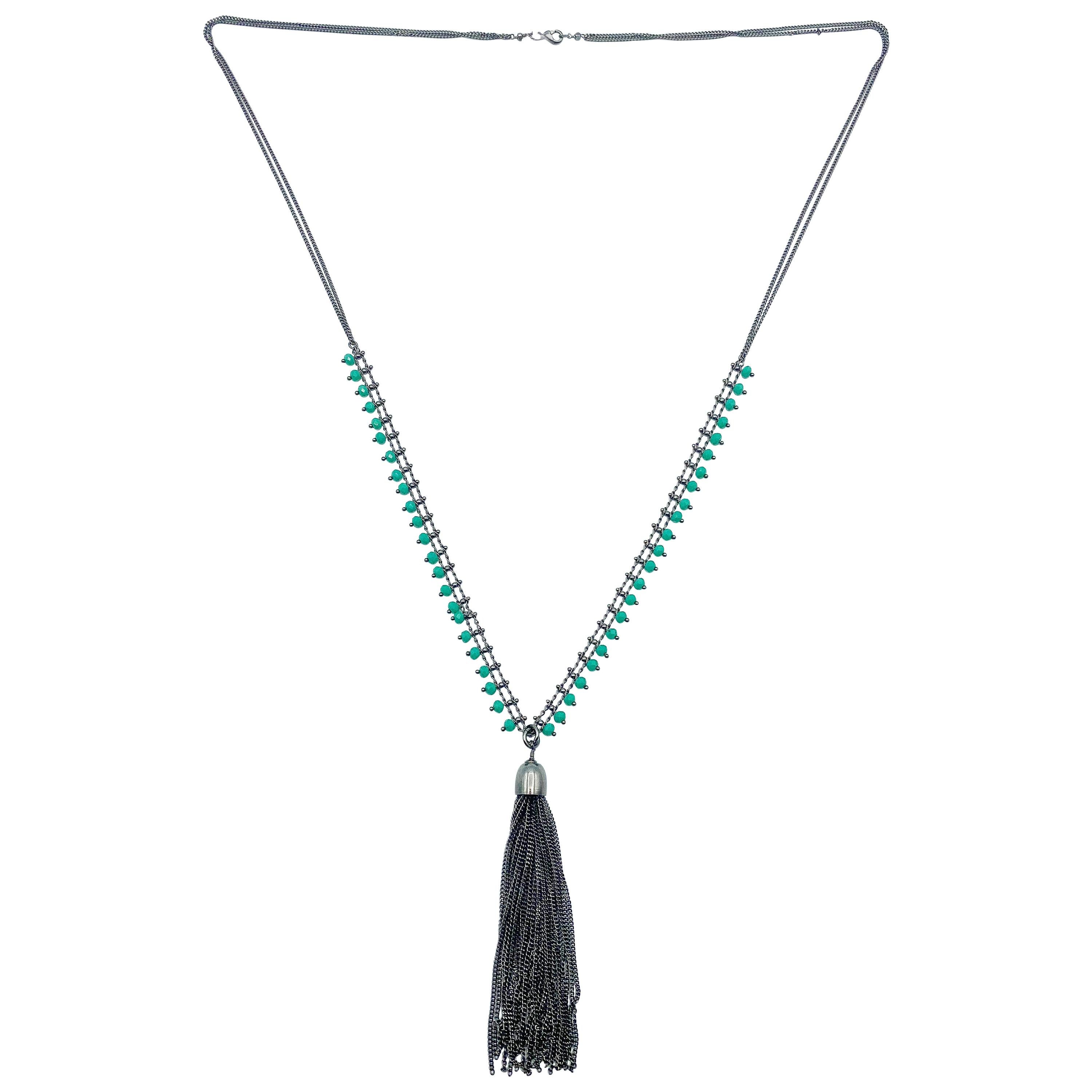Silver and agate chain link tassel pendant necklace 