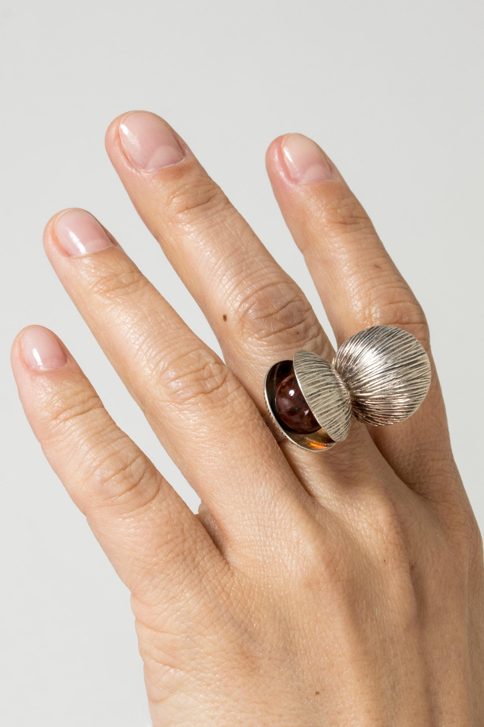 Round Cut Silver and Agate Ring by Elis Kauppi, Finland, 1960s
