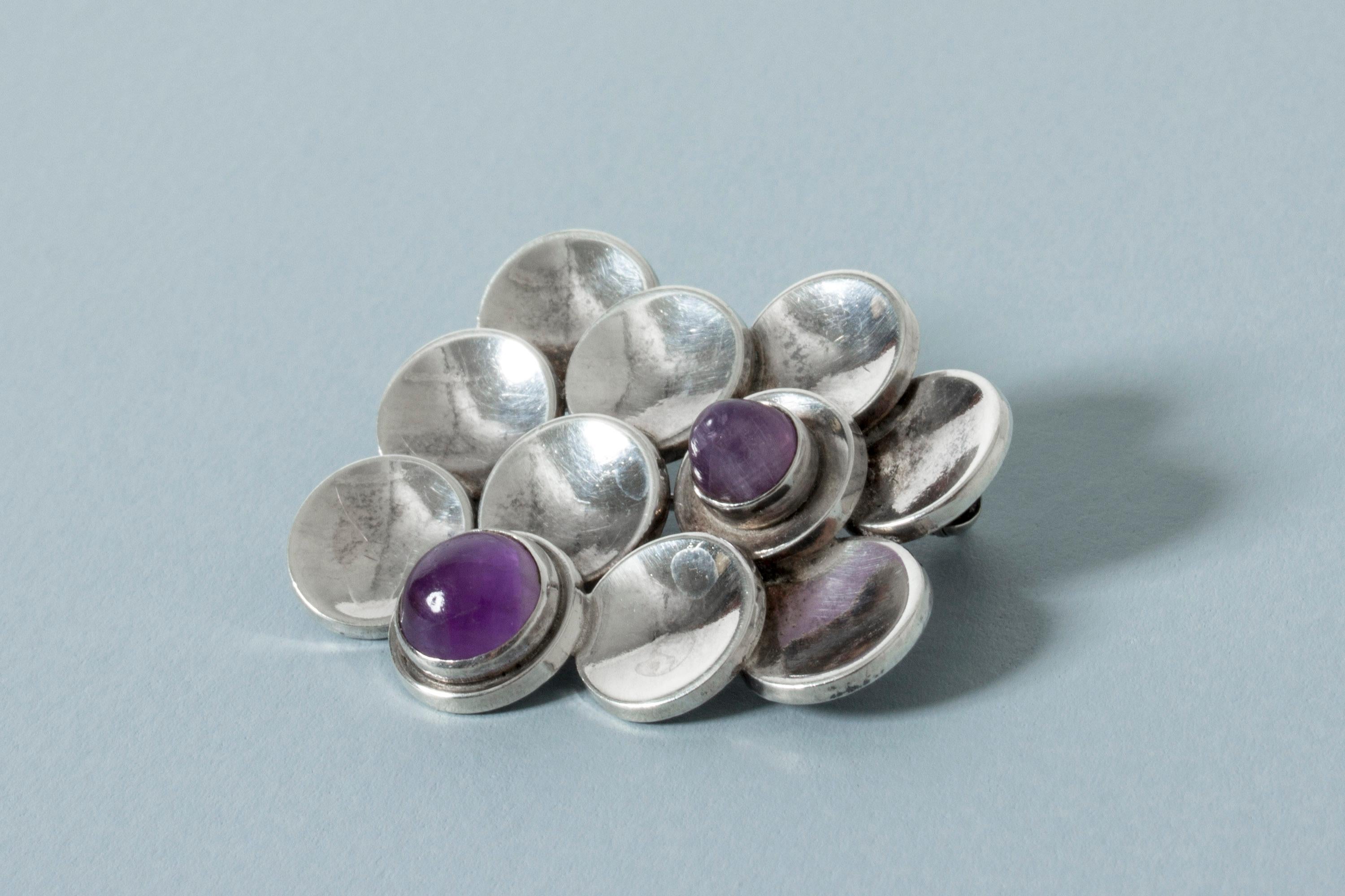 Modernist Silver and Amethyst Brooch from Victor Jansson, Sweden, 1967