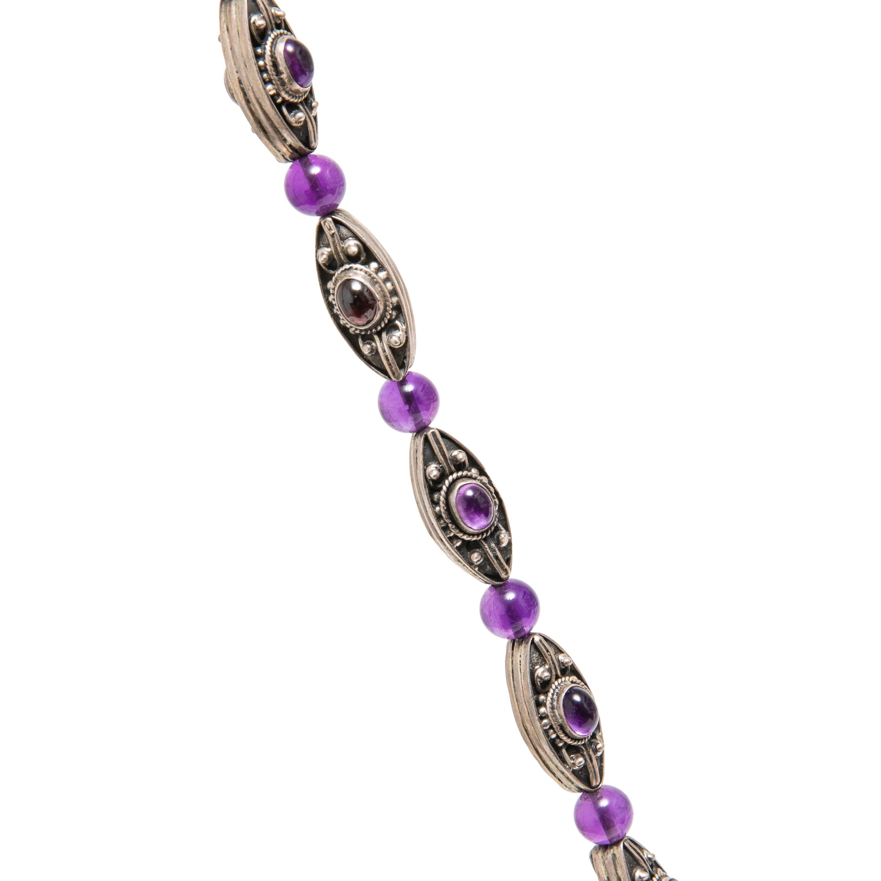 Oval Cut Silver and Amethyst Oval Cabochon and Beads Necklace