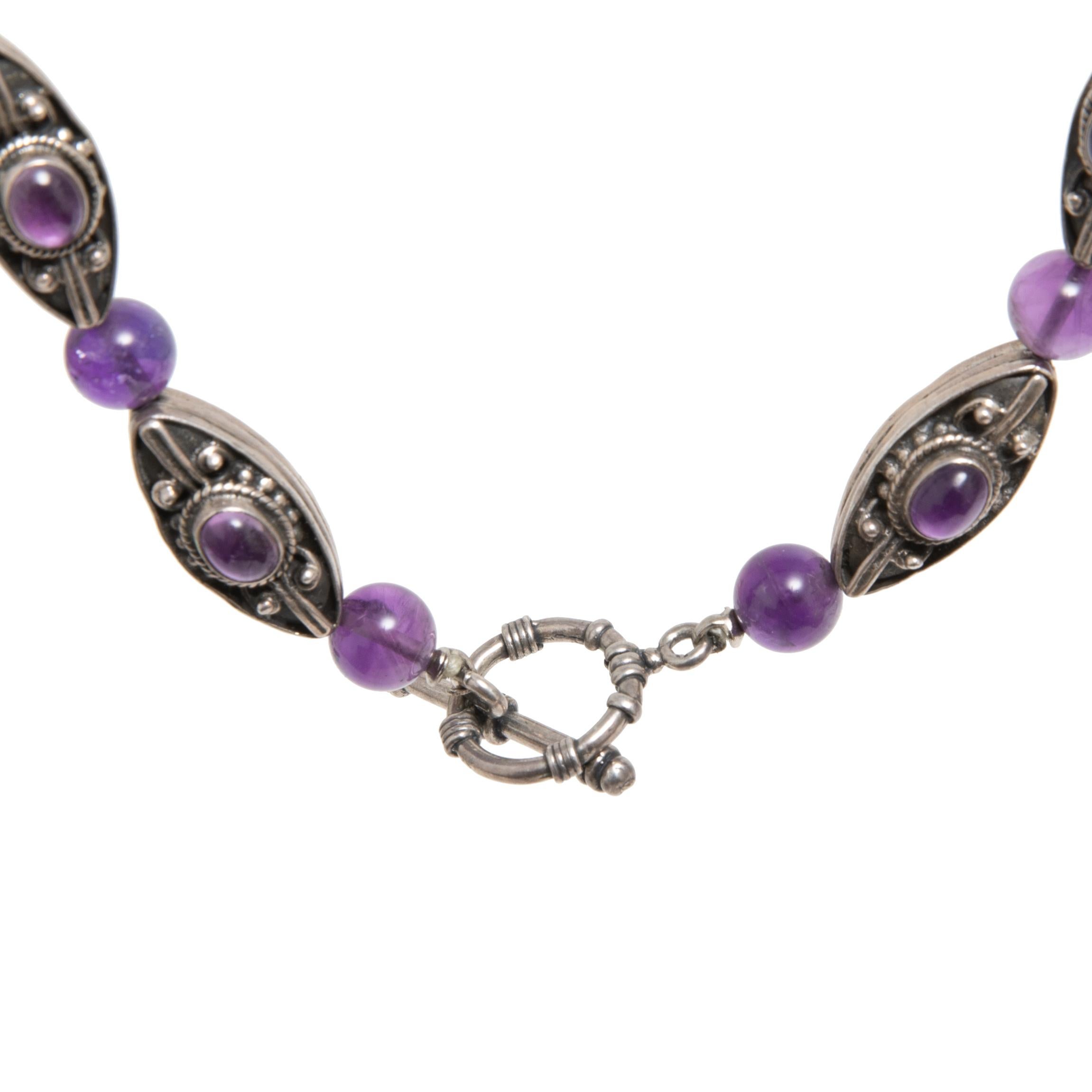 Women's Silver and Amethyst Oval Cabochon and Beads Necklace