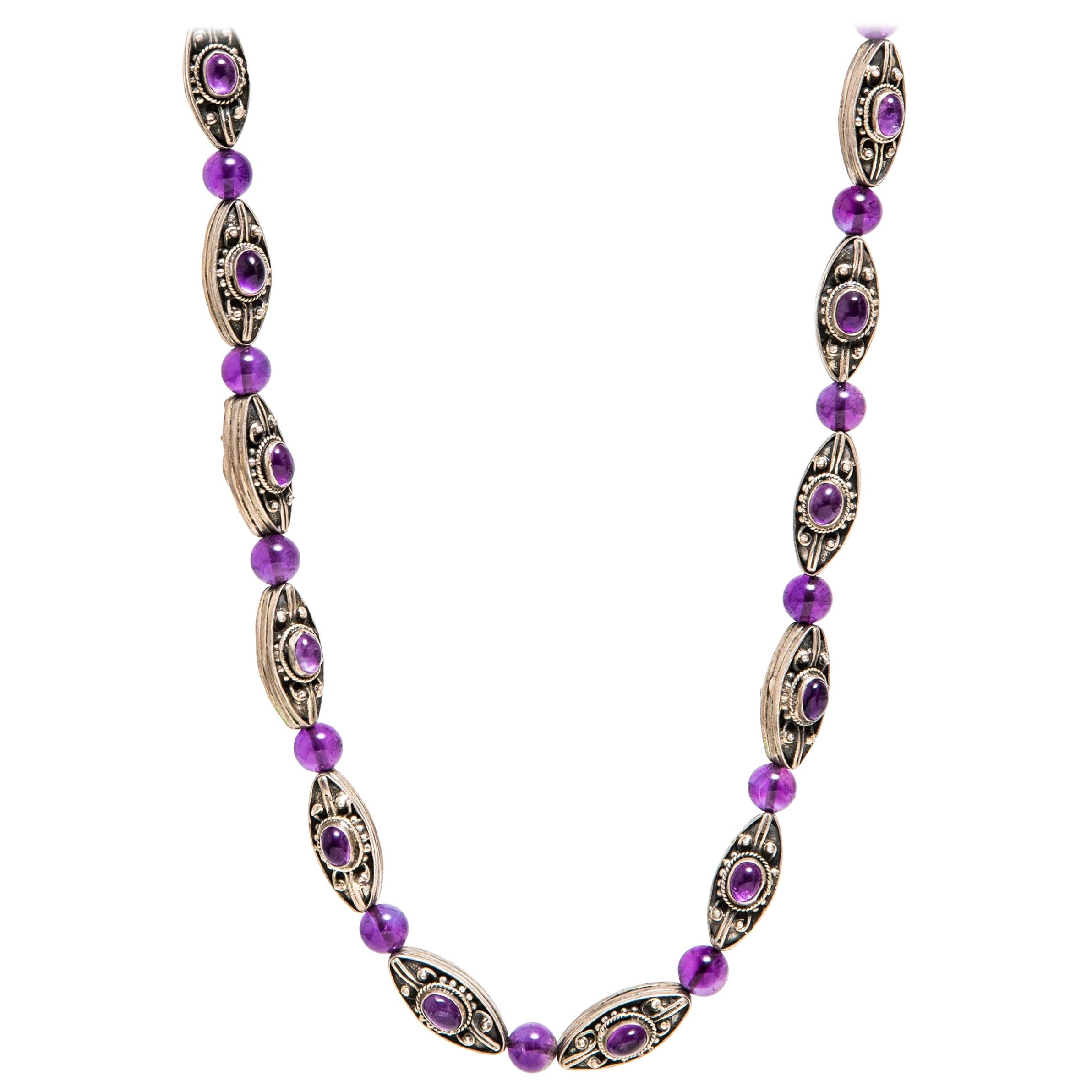 Silver and Amethyst Oval Cabochon and Beads Necklace