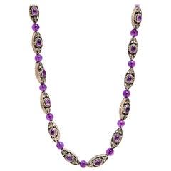 Silver and Amethyst Oval Cabochon and Beads Necklace