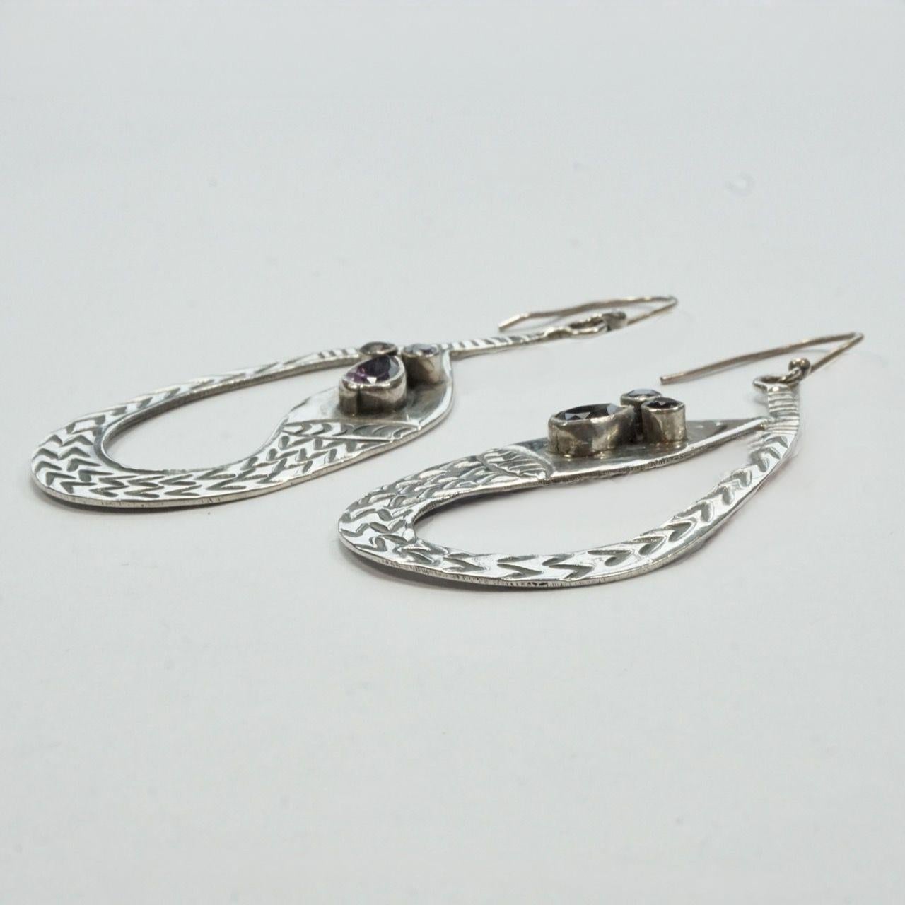 Silver and Amethyst Snake Statement Earrings with Ornate Silver Detail In Good Condition For Sale In London, GB
