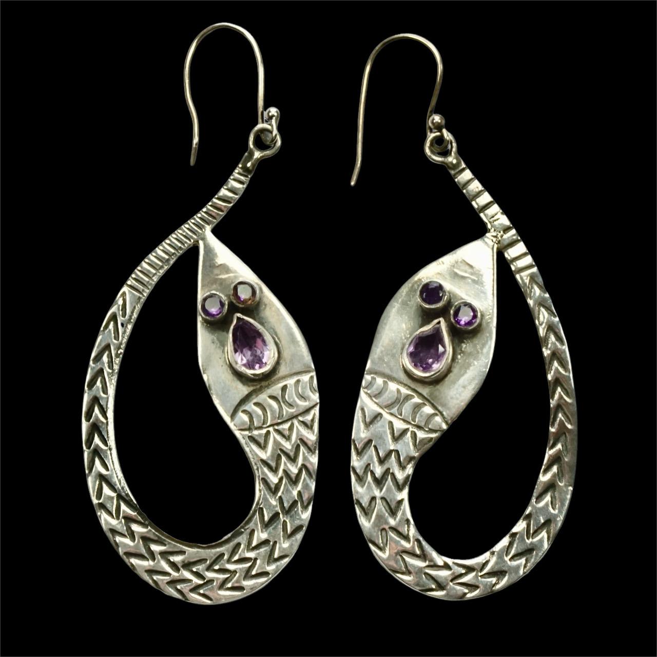 Women's or Men's Silver and Amethyst Snake Statement Earrings with Ornate Silver Detail For Sale