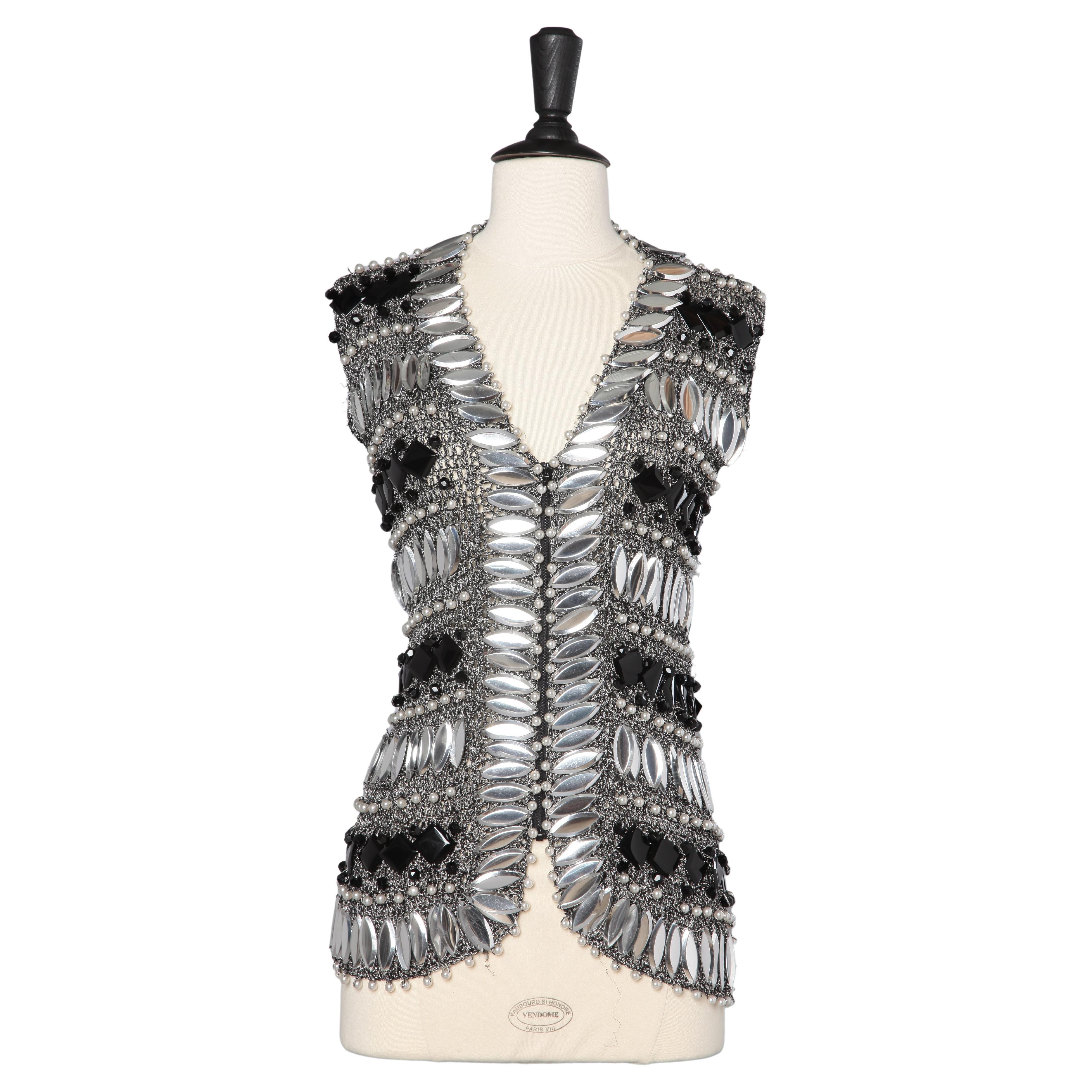 Silver and black lurex knit vest with rhinestone and pearls Loris Azzaro For Sale
