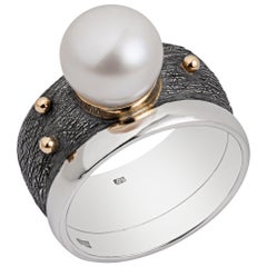 Silver and Blackened Silver Ring with White Pearl and Gold Details