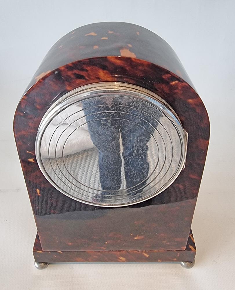 Late 19th Century Silver and Blonde Tortoiseshell Mantle Clock lancet topped with silver stringing For Sale