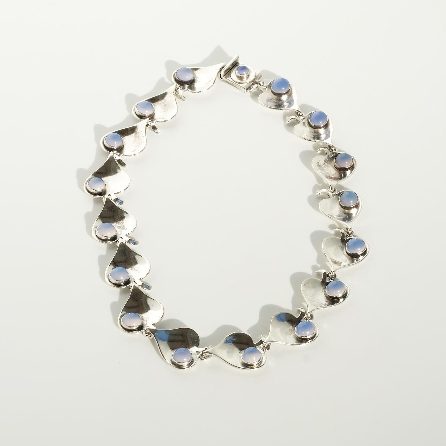 Cabochon Silver and Blue Chalcedony Necklace Made 1954 For Sale