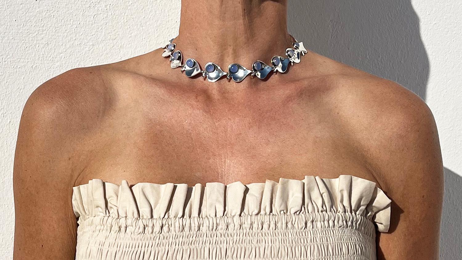Silver and Blue Chalcedony Necklace Made 1954 For Sale 3