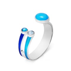 Cuff Bracelet In Sterling Silver And Blue Enamel With Chalcedony and Topaz
