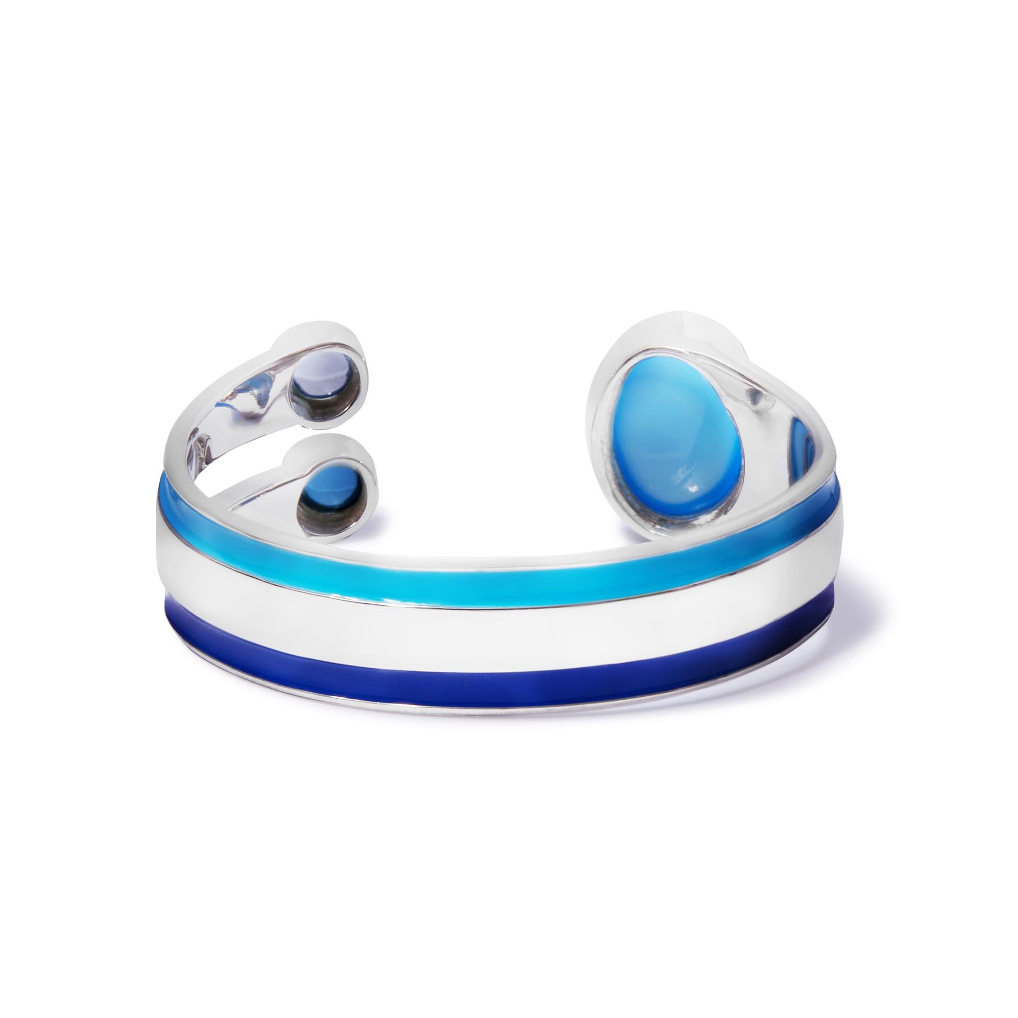 Contemporary Cuff Bracelet In Sterling Silver And Blue Enamel With Chalcedony and Topaz