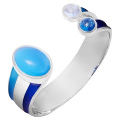 Cuff Bracelet In Sterling Silver And Blue Enamel With Chalcedony and Topaz