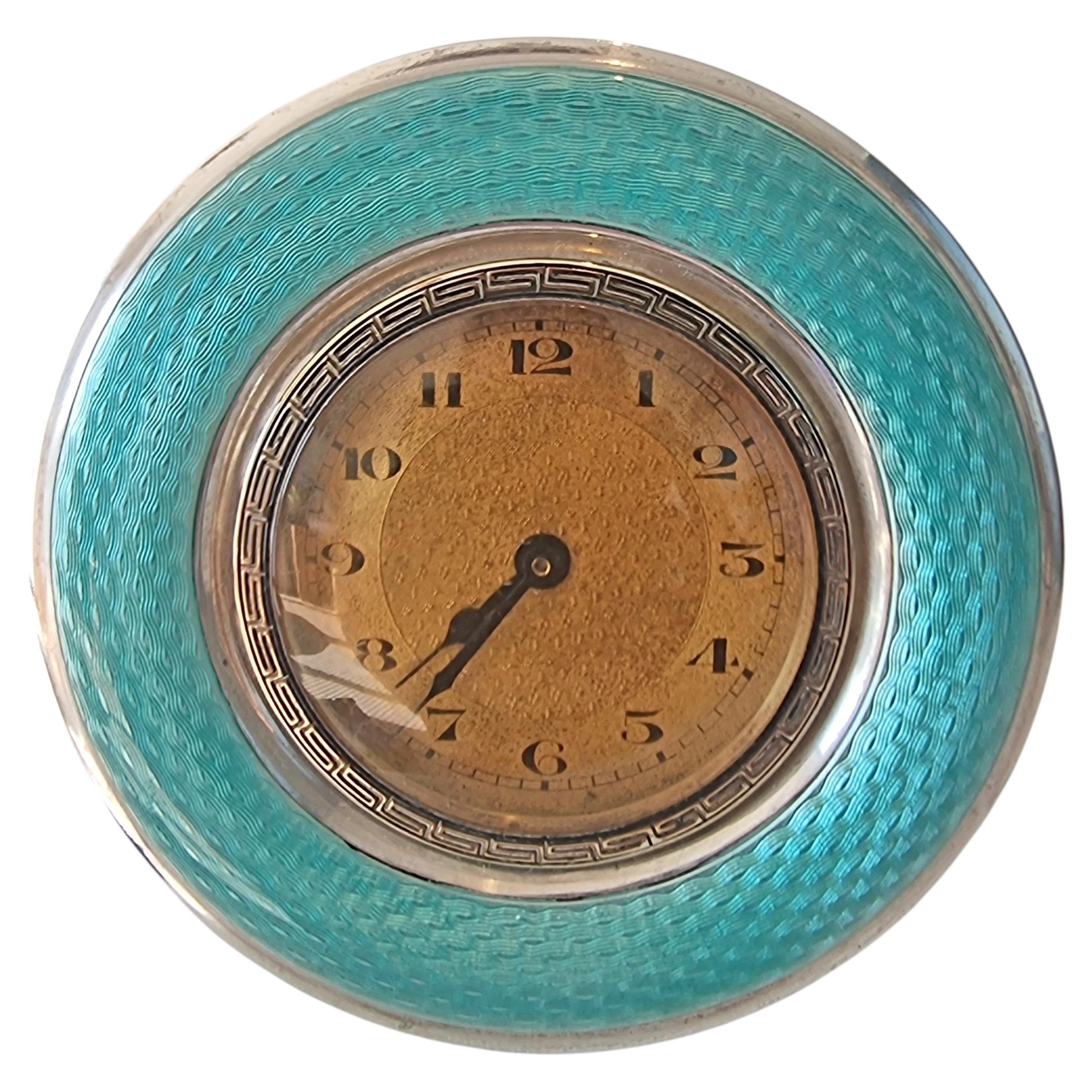 Silver and Blue Guilloche Enamel Strut Clock For Sale