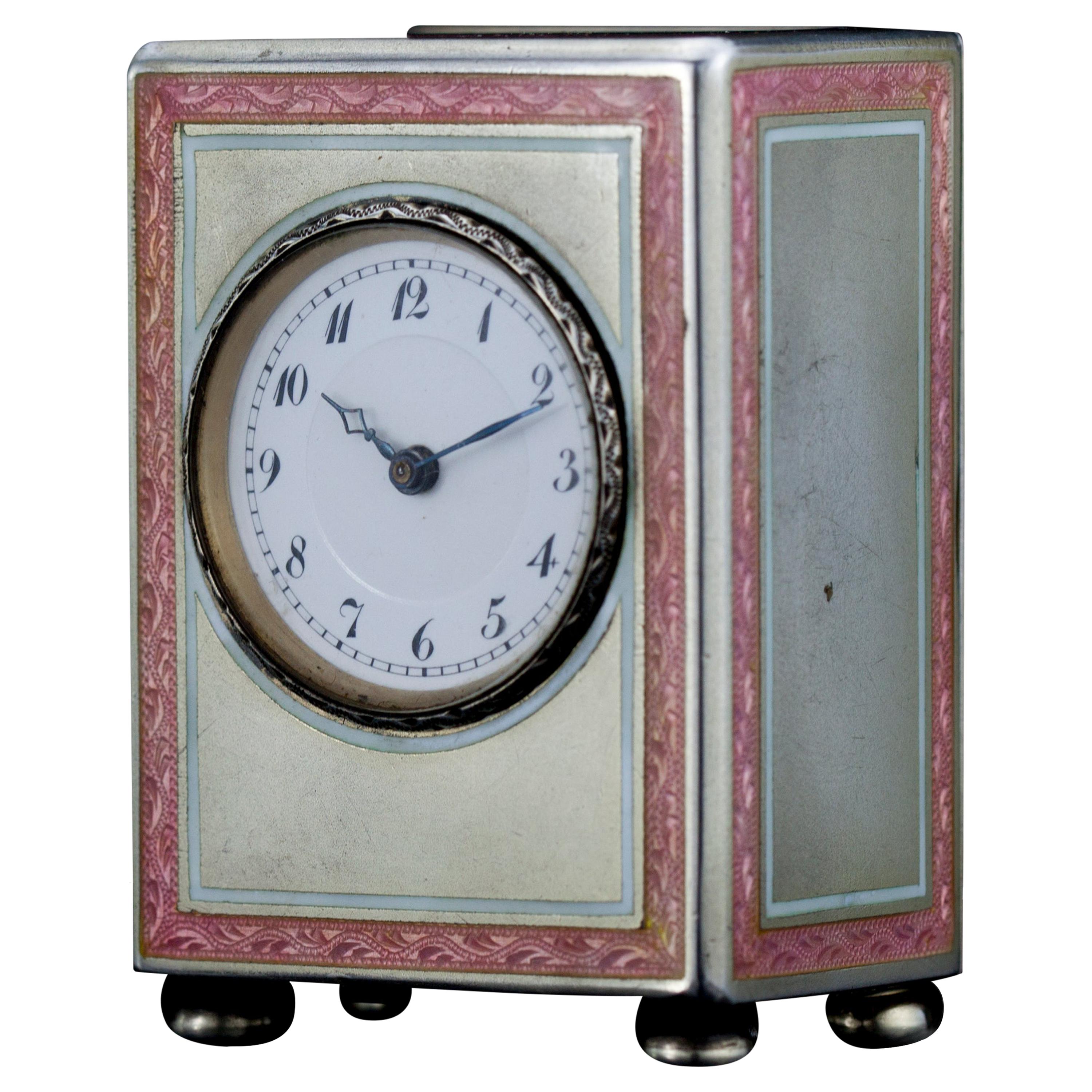 Silver and Blue Guilloche Enamel Sub Miniature Carriage Clock, 1900