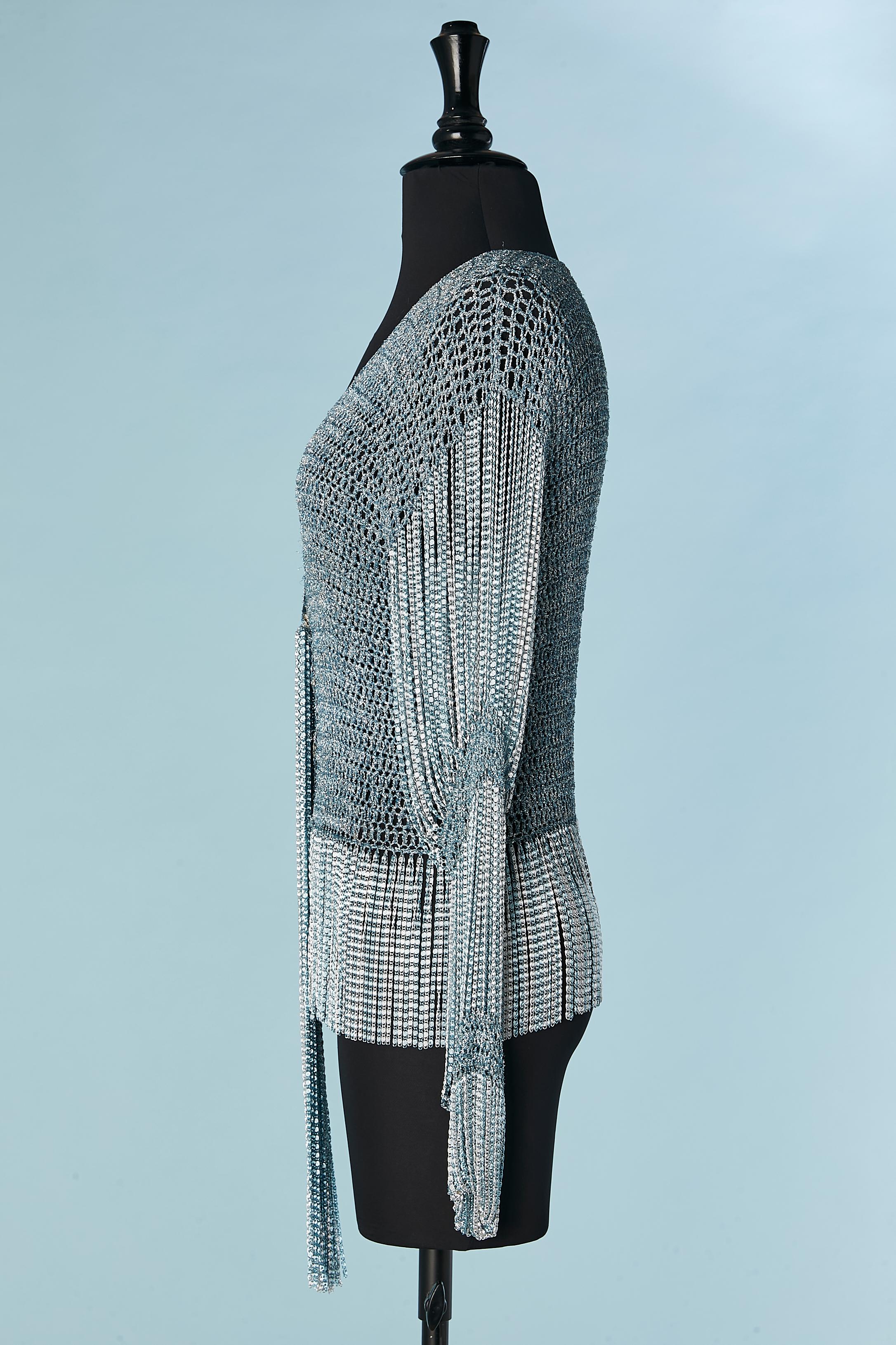 Silver and blue lamé knit and metal chain cardigan Loris Azzaro 1971  For Sale 2