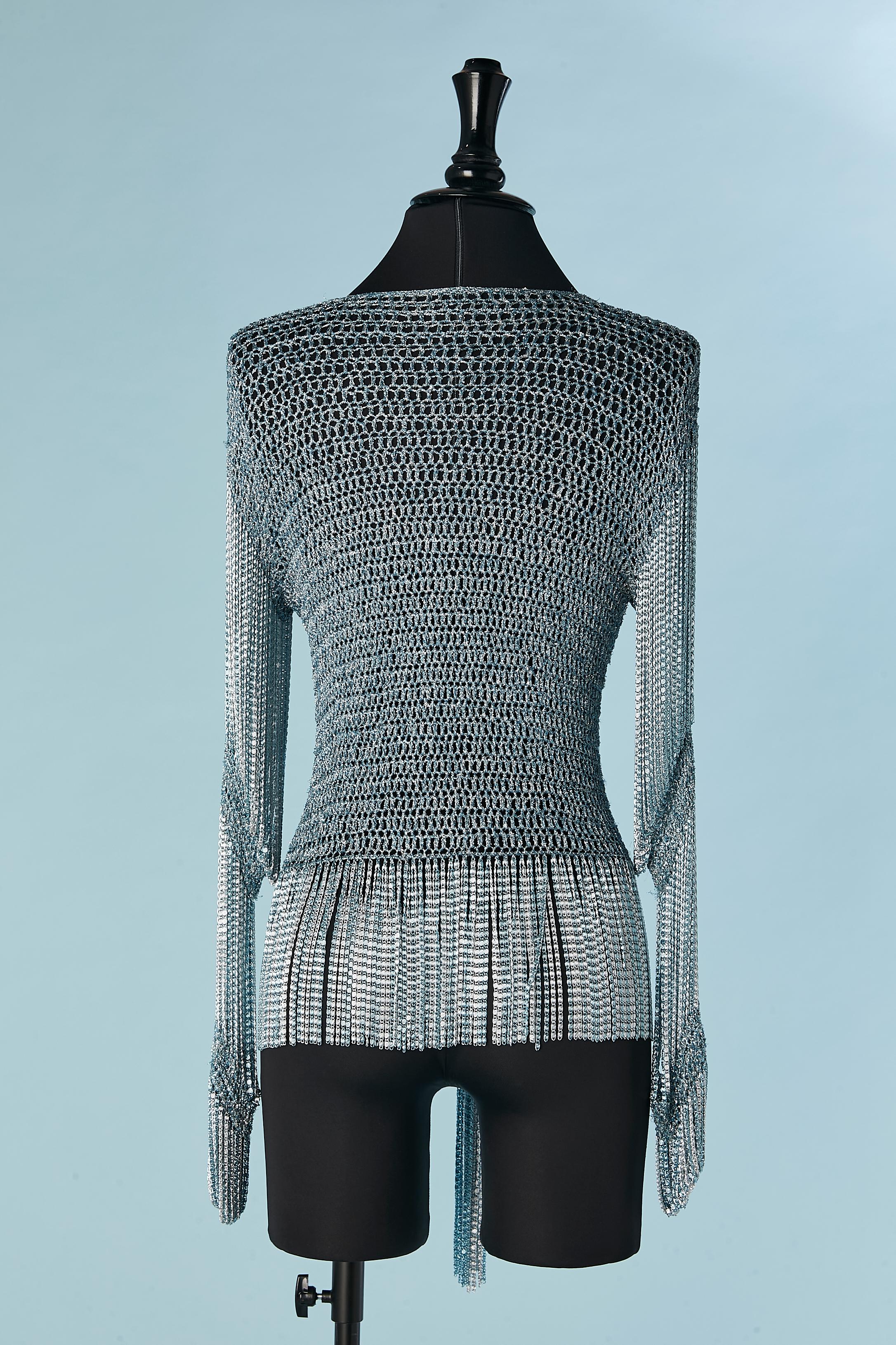 Silver and blue lamé knit and metal chain cardigan Loris Azzaro 1971  For Sale 3