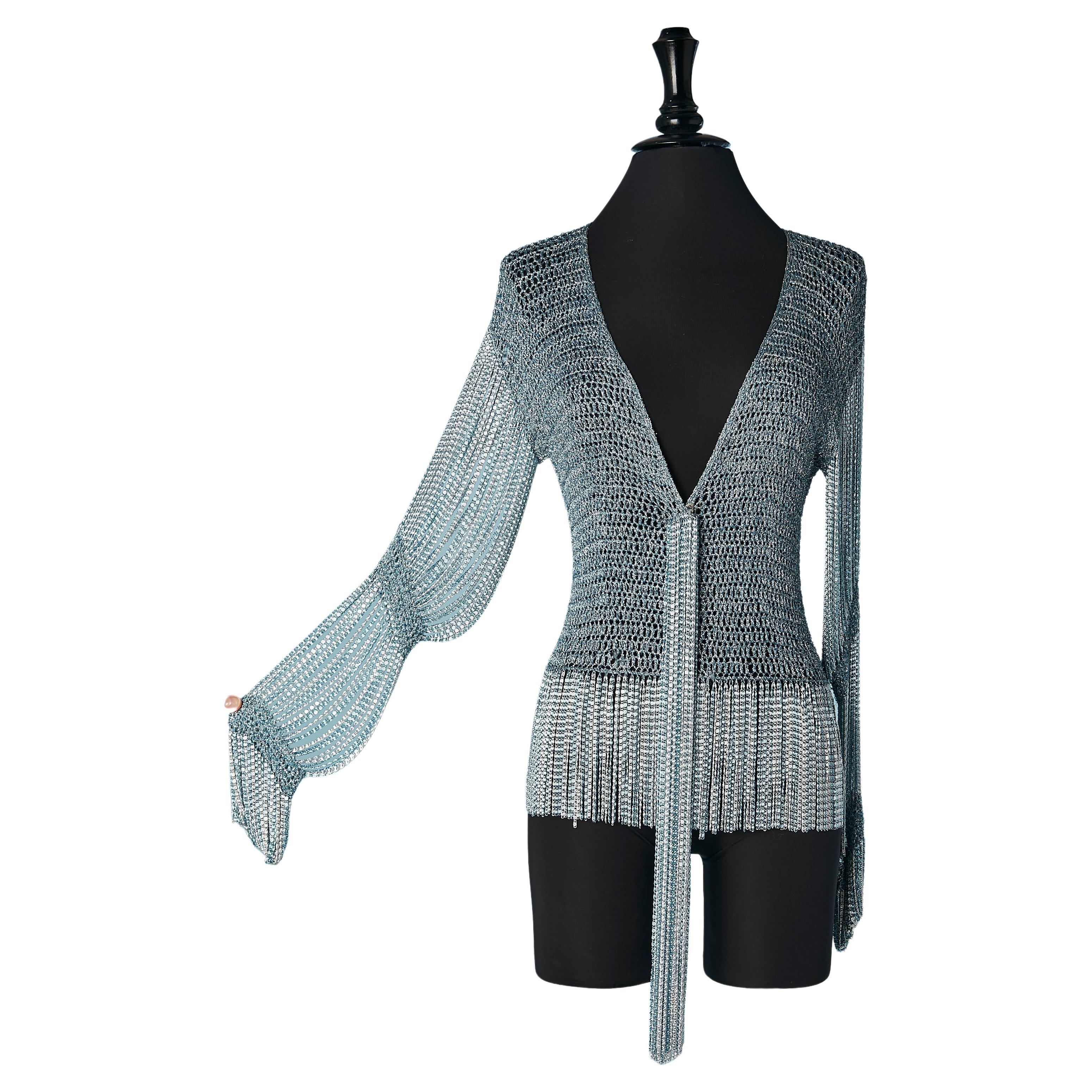 Silver and blue lamé knit and metal chain cardigan Loris Azzaro 1971  For Sale