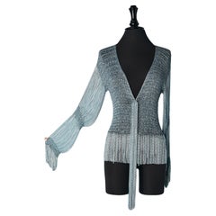 Silver and blue lamé knit and metal chain cardigan Loris Azzaro 1971 